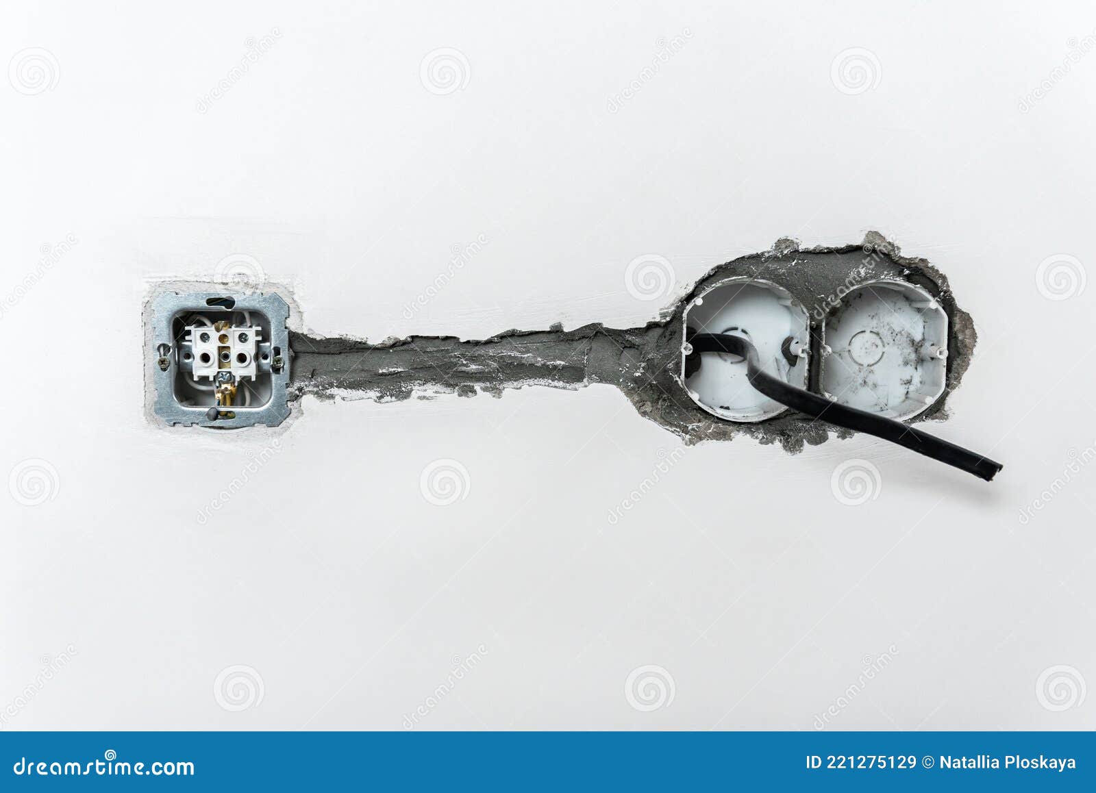 Unfinished Plastic Electrical Boxes and Switch Installed in Wall. Stock Image Image of home