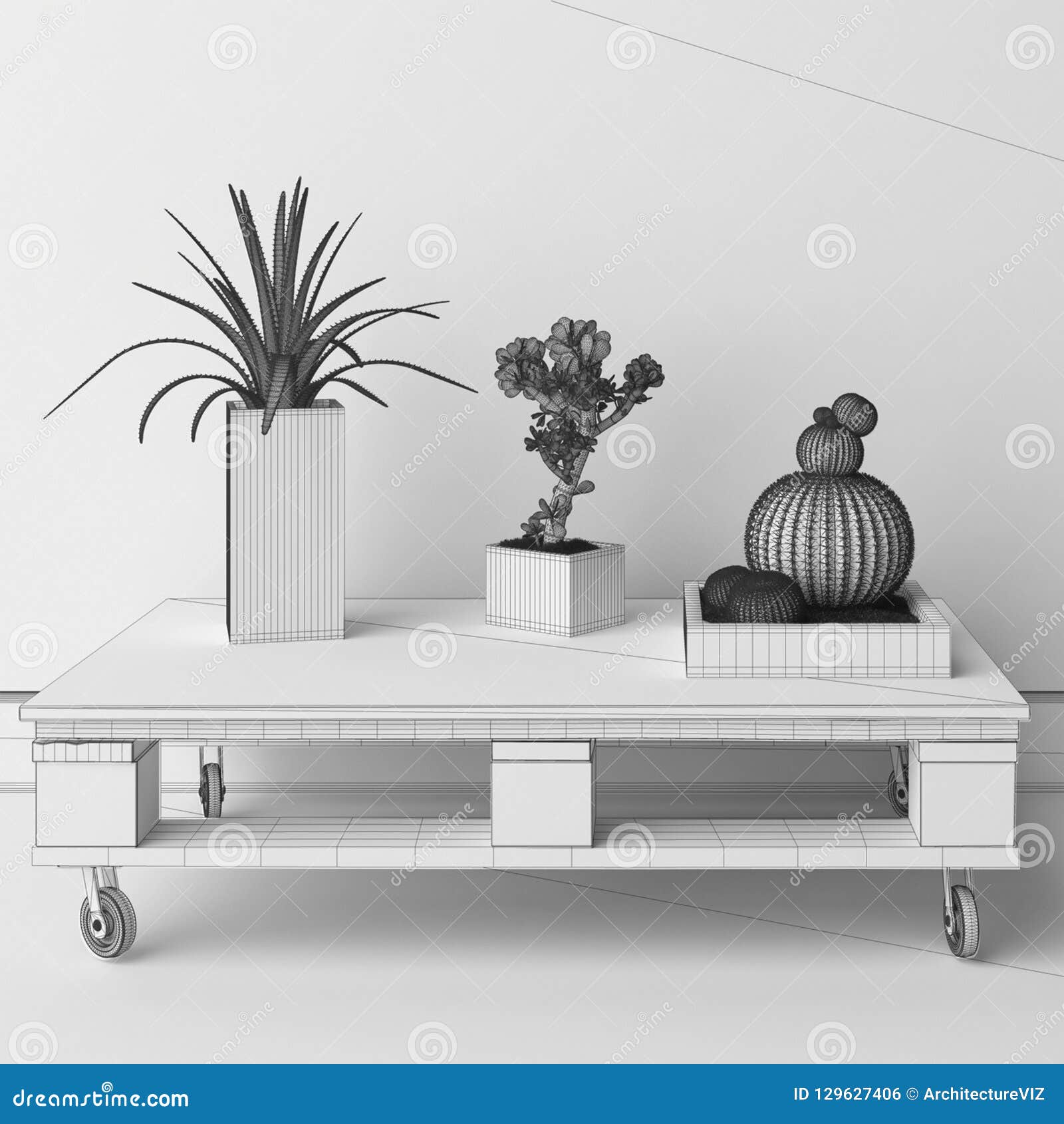 Unfinished Project Draft Sketch Of Succulent Plants On Pallet Coffee Table Stock Illustration Illustration Of Draw Idea 129627406