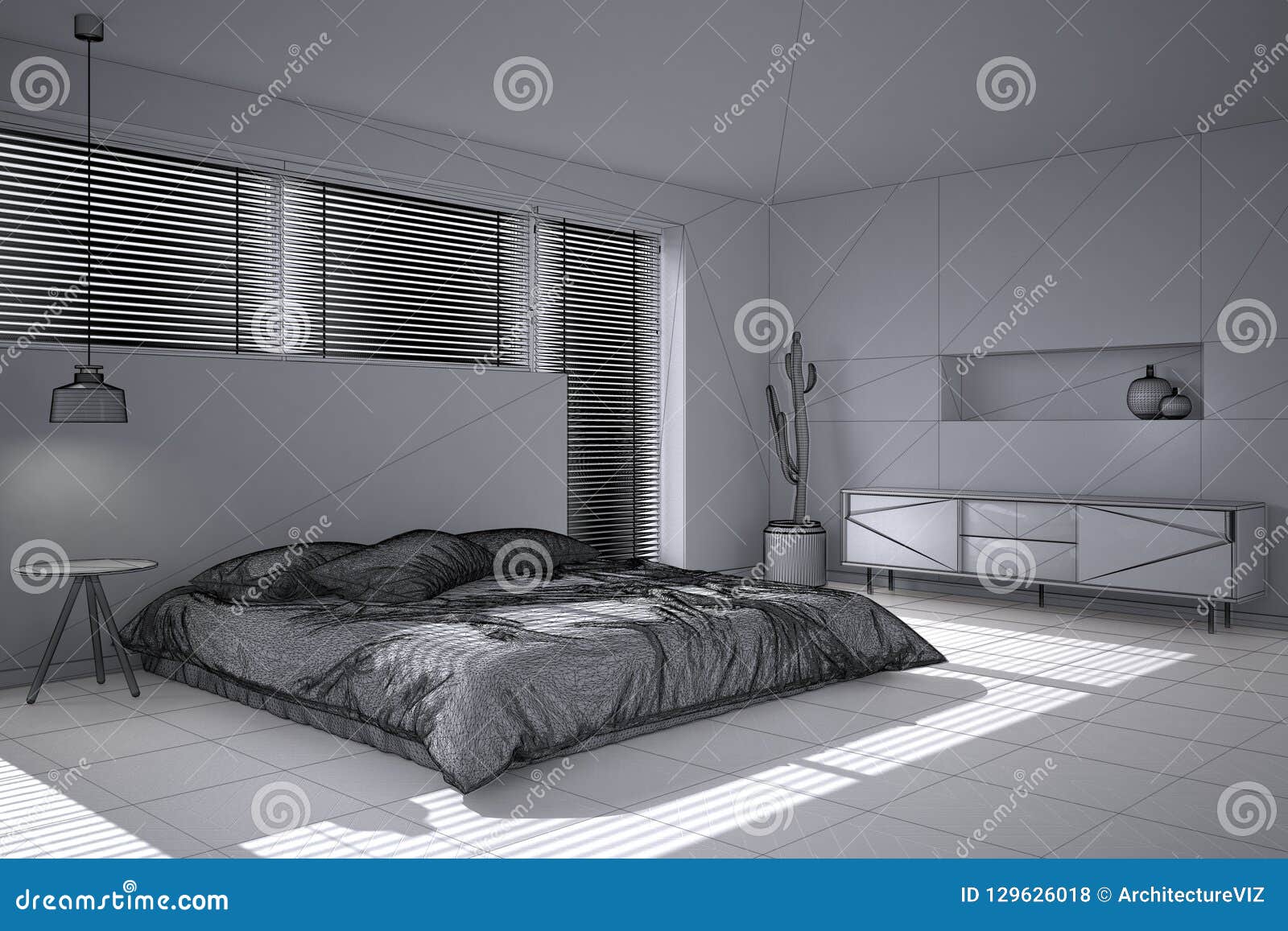 Unfinished Project Draft Sketch Of White Minimalist Bedroom