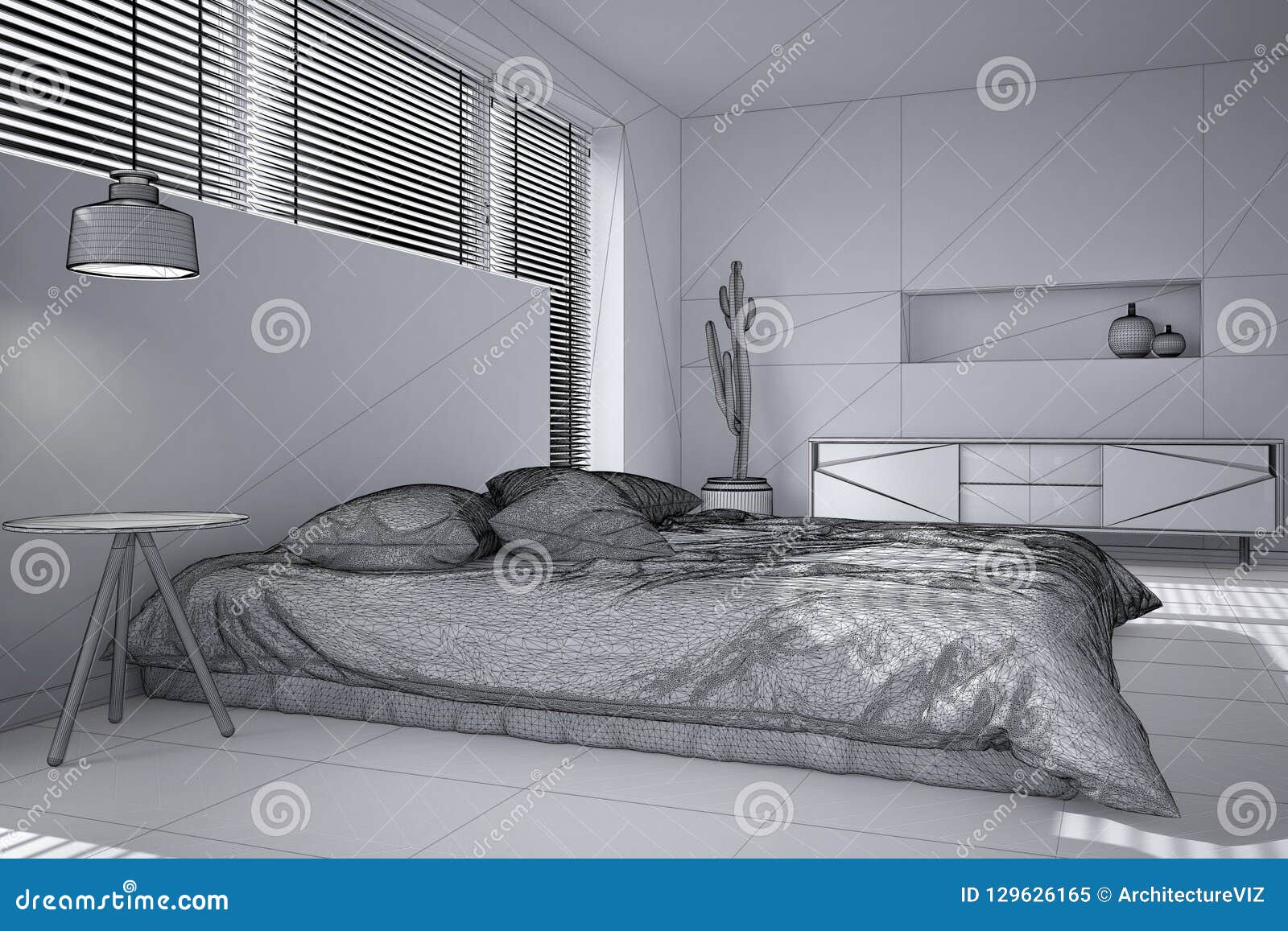 Unfinished Project Draft Sketch Of White Minimalist Bedroom