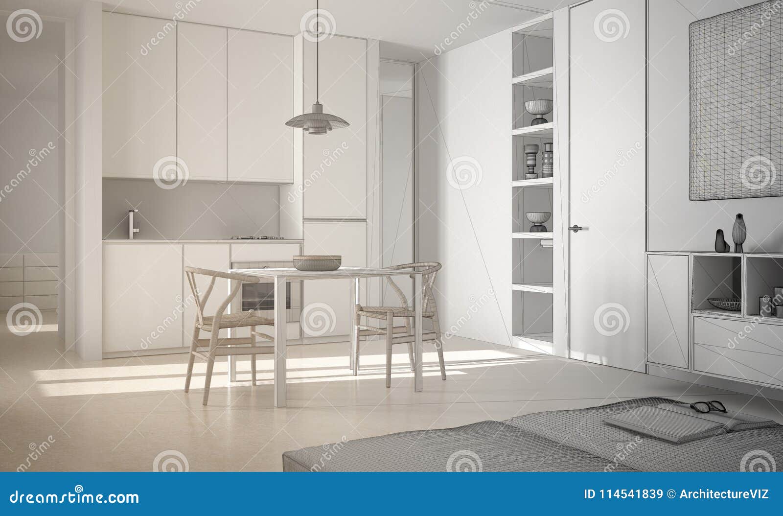 Unfinished Project of Minimalist Modern Bright Kitchen with Dining