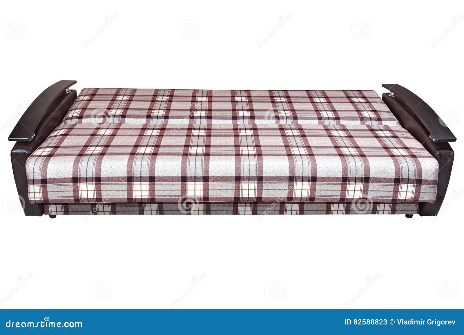 In Unfolded State Of Sofa Bed Plaid Fabric, On White. Stock Image