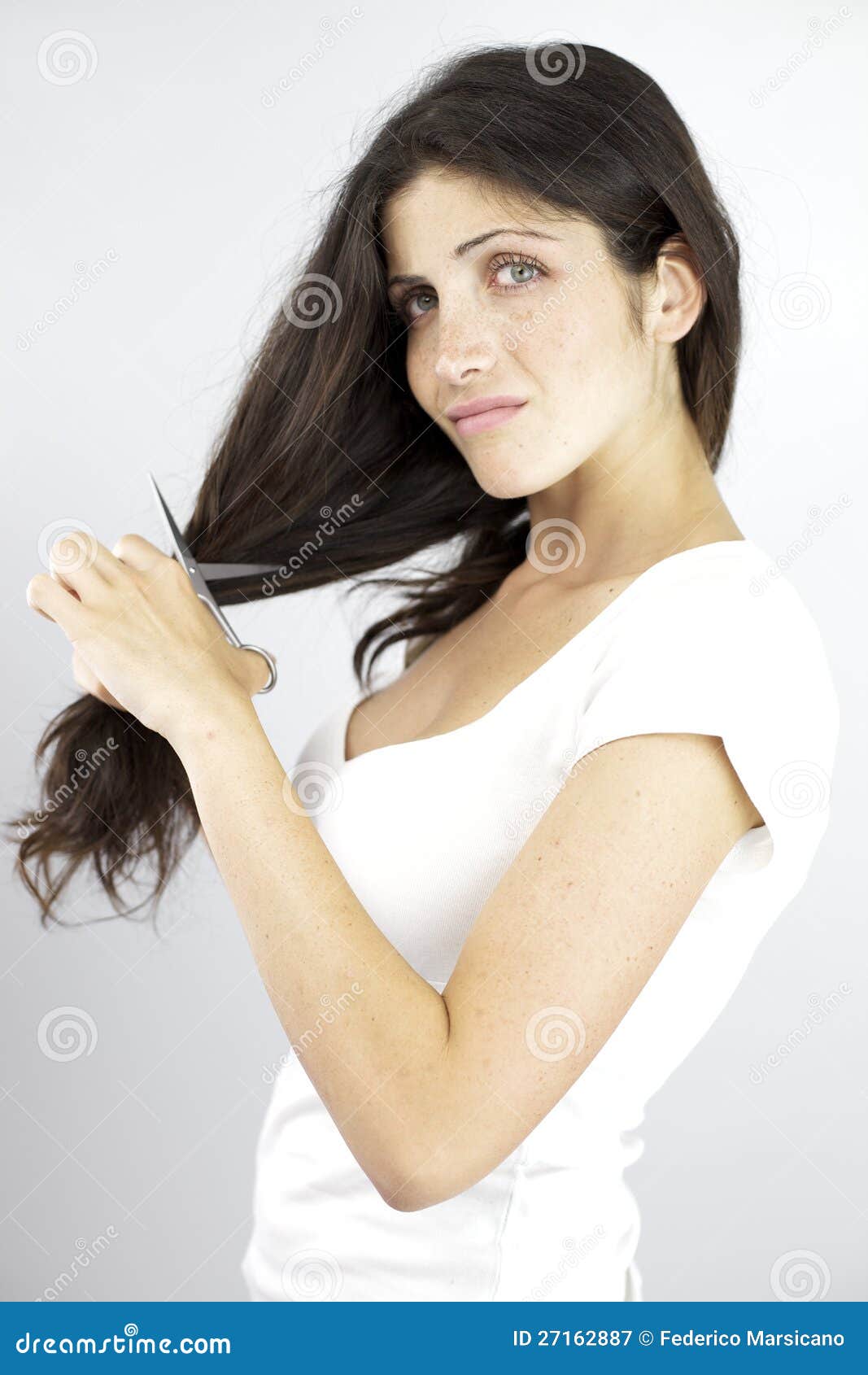 Unhappy Girl Cutting Her Long Hair Stock Image Image Of Brunette