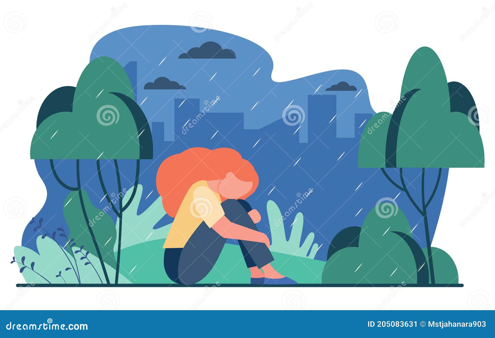 Unhappy girl in rain stock vector. Illustration of outdoors - 205083631