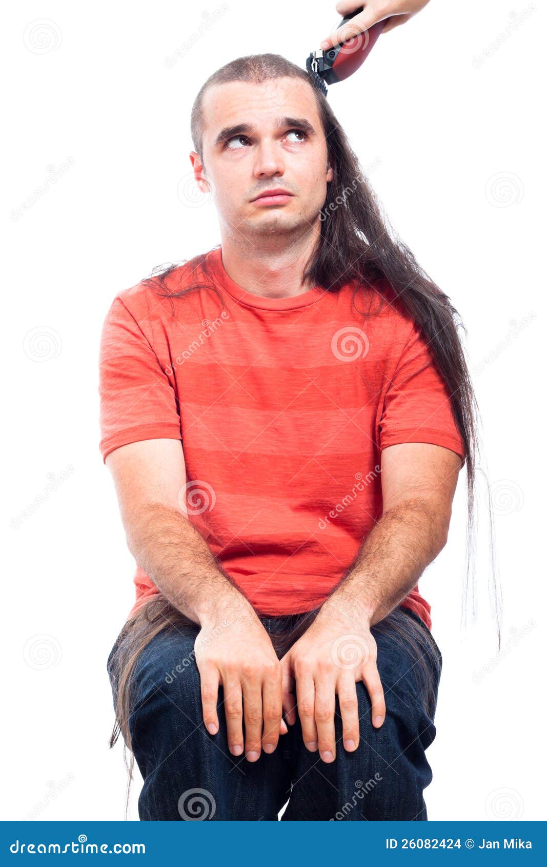 Unhappy Long Haired Man Being Shaved Stock Images - Image 