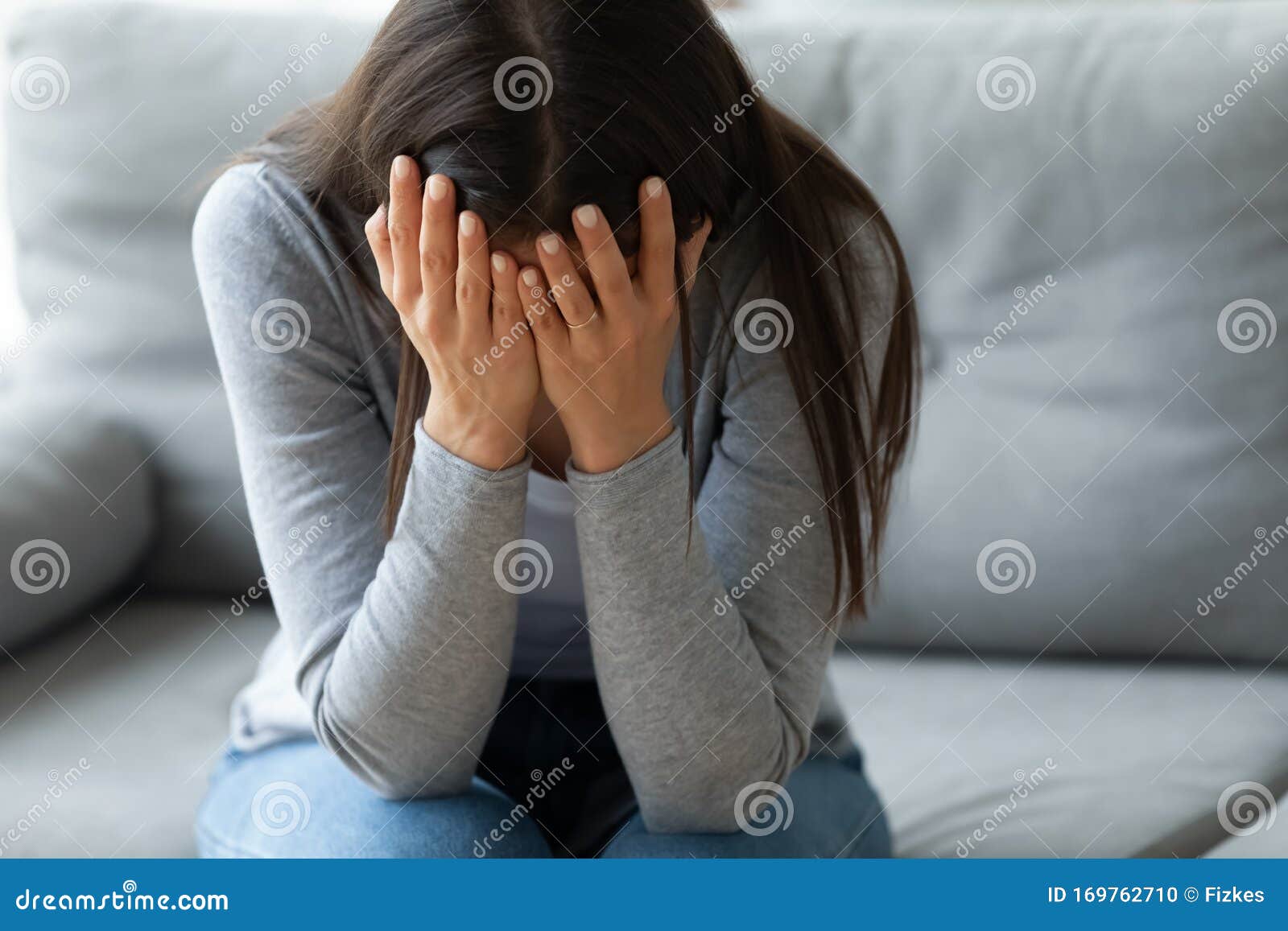 Unhappy Young Woman Covering Face With Hands Crying Alone S