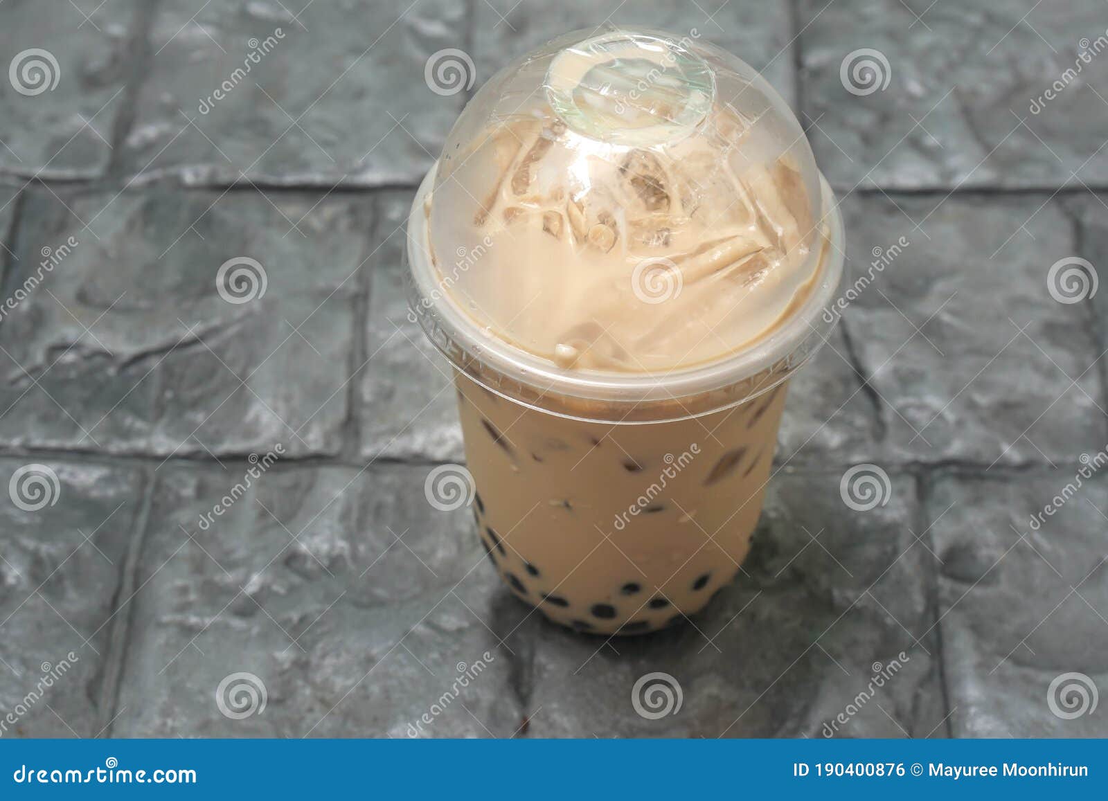 Unhealthy Drink of Iced Bubble Milk Tea in Plastic Cups Stock Photo