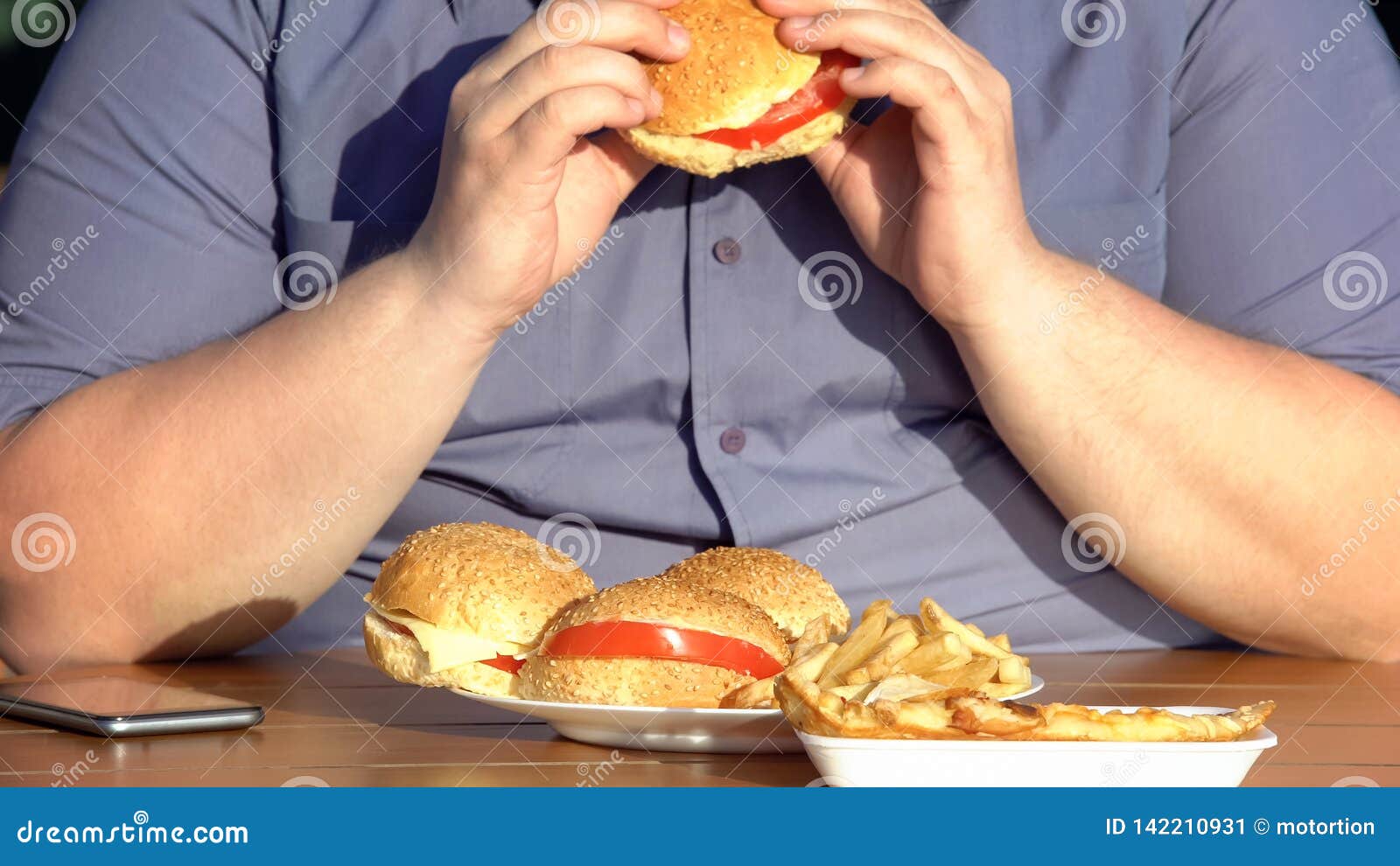 unhealthy food addiction, obese hungry man eating fatty burgers, overweight