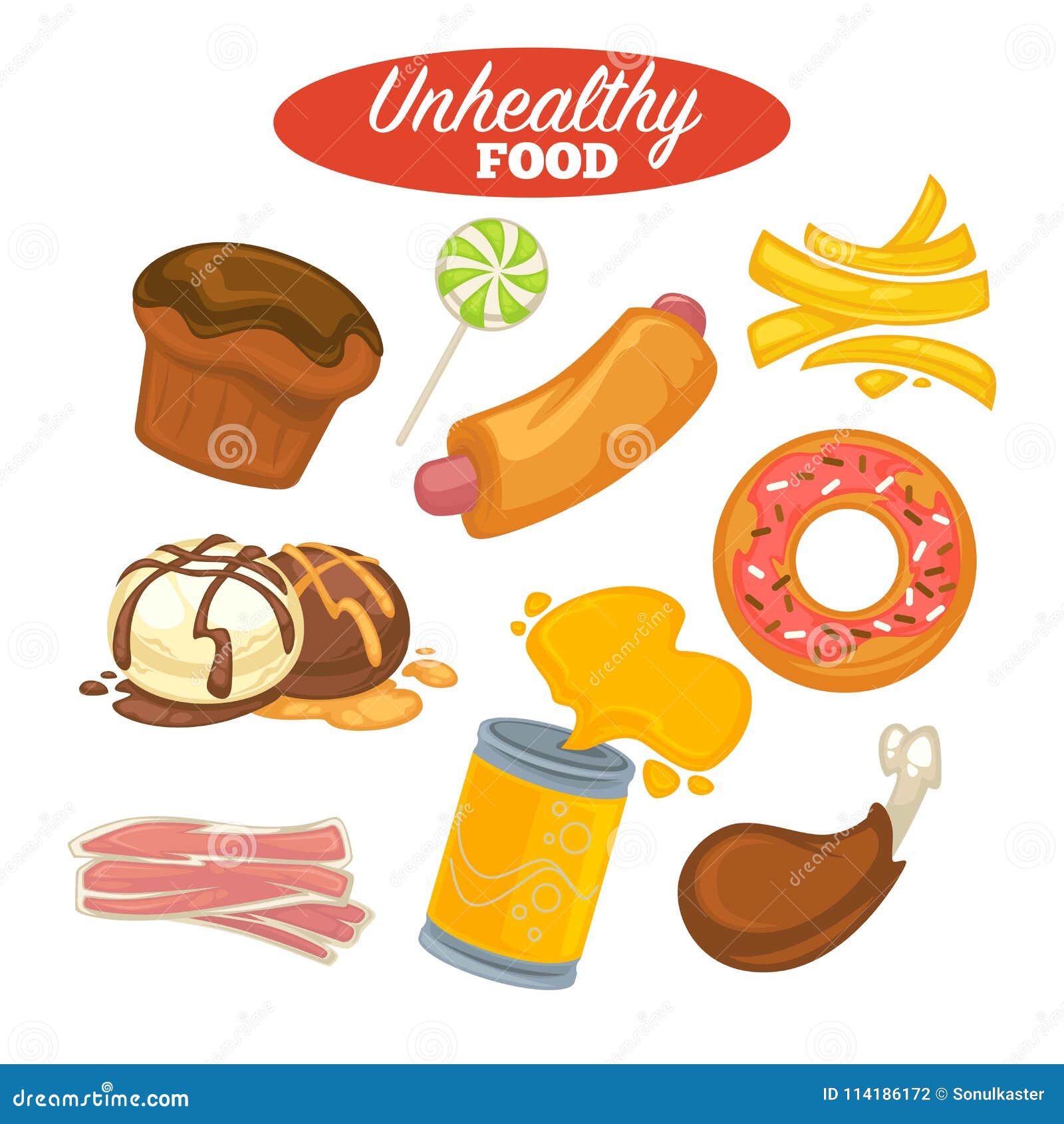 Unhealthy Food Poster or Fast Food and Fat Eating Meat and Sweets Stock ...