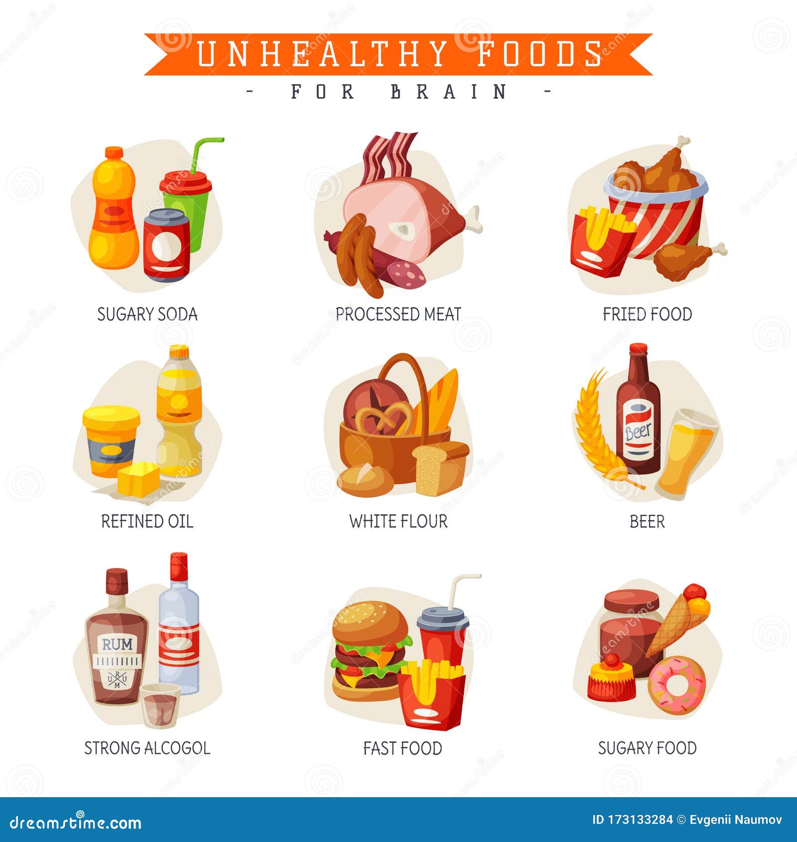unhealthy foods for brain, sugary soda and food, processed meat, fried food, refined oil, white flour, beer, strong