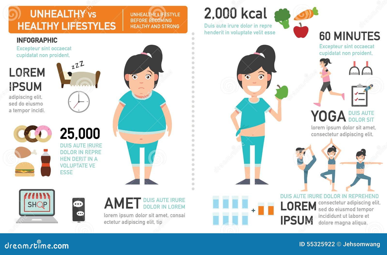 Unhealthy Lifestyle Before Becoming Healthy And Strong Stock Vector