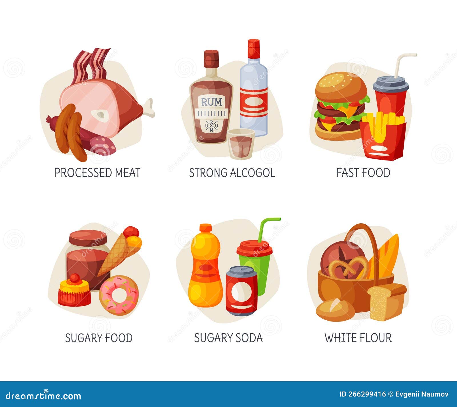 Unhealthy Meal Set. Processed Meat, Strong Alcohol, Fast Food, Sugary ...