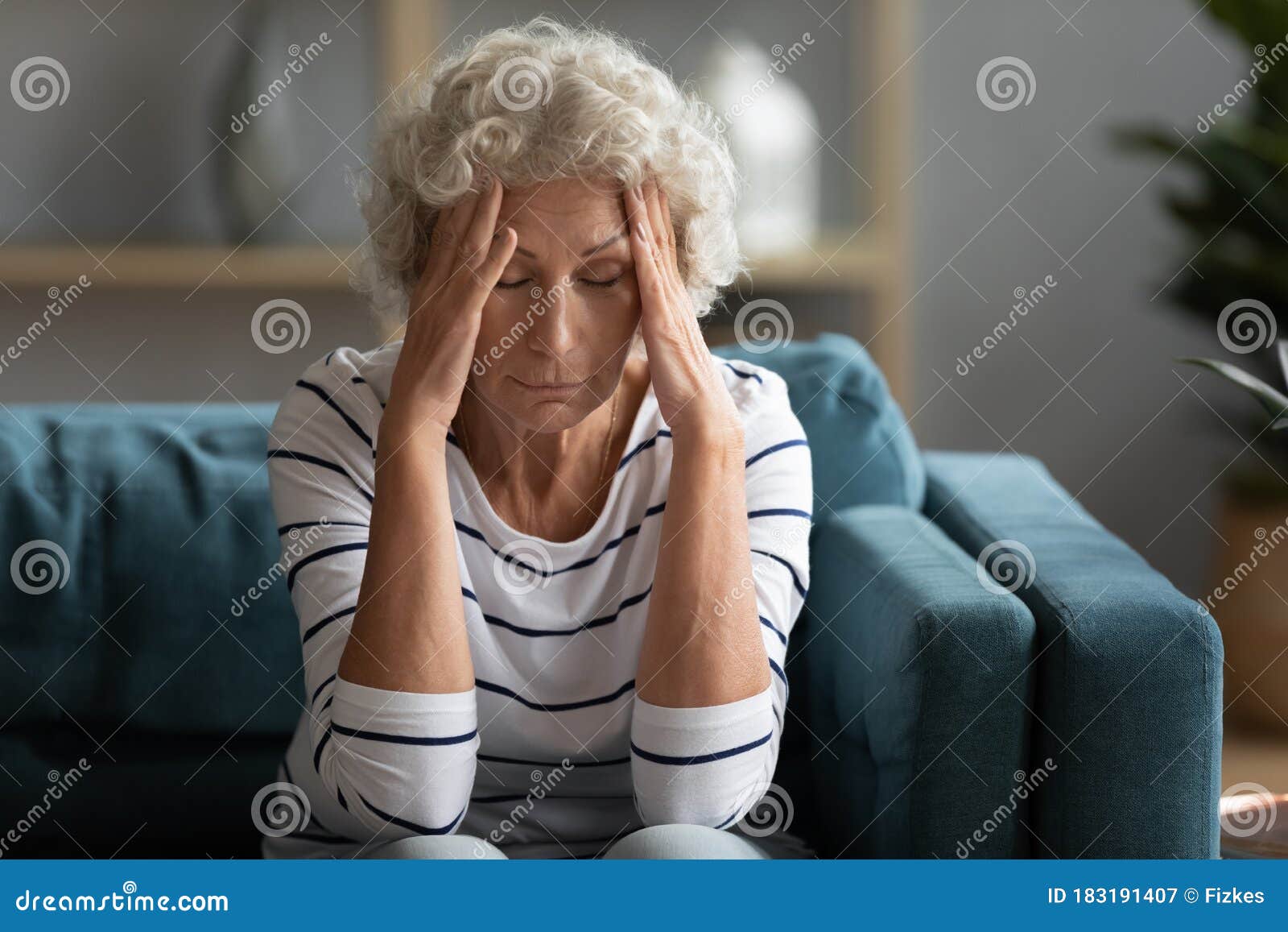 Unhappy Older Mature Granny Suffering From Heada