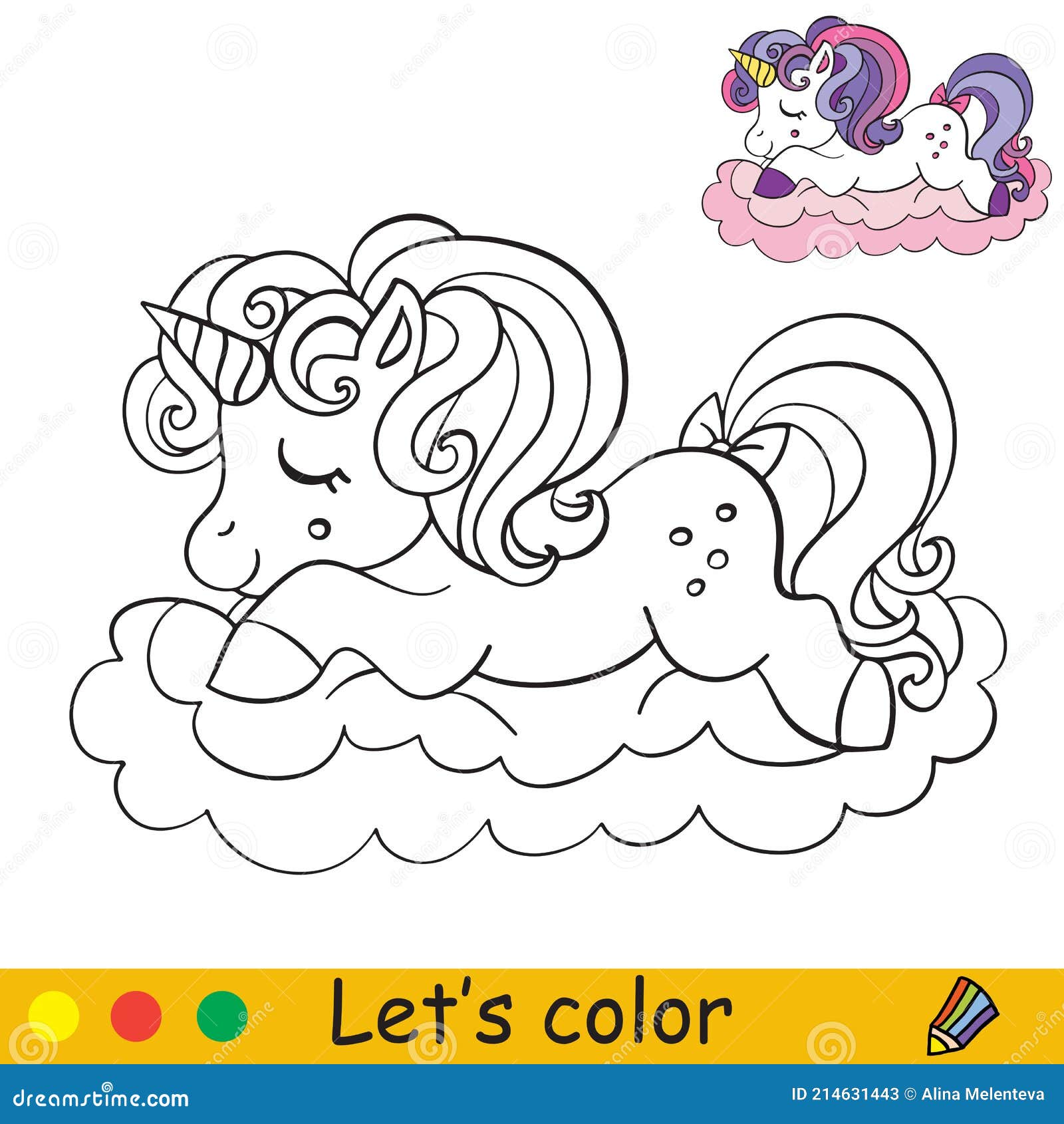 Unicórnio Bonito Com Asas Em Uma Nuvem. Página Do Livro De Colorir Para  Crianças Com Modelo Colorido. Ilustração Isolada Do Desenho Animado Do  Vetor. Para O Livro De Colorir, Educação, Impressão, Jogo