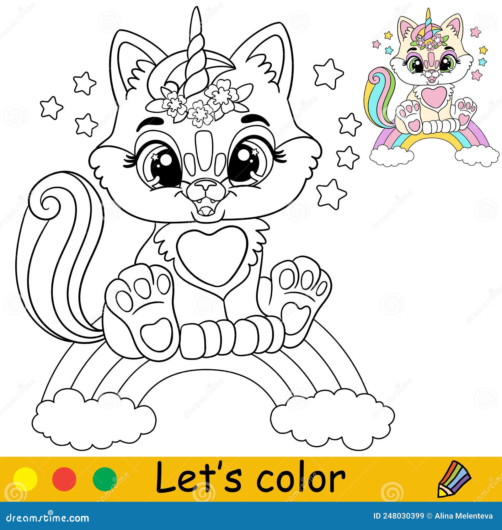 Desenho de unicórnio de gato bonito e arco-íris para colorir