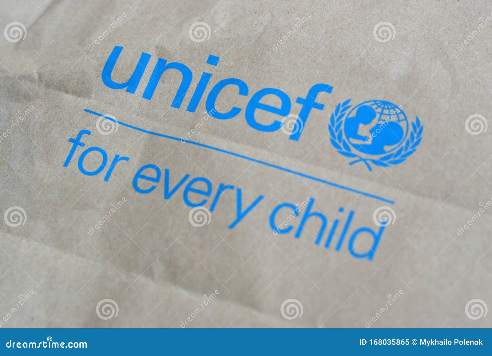 Unicef Blue Logo on Brown Paper Bag, United Nations Childrens Fund is ...