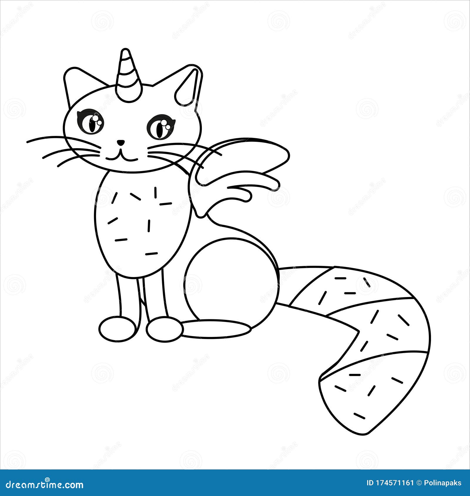 Unicorn Cat Black Line Illustration. Coloring Book Picture. Cute Kitten