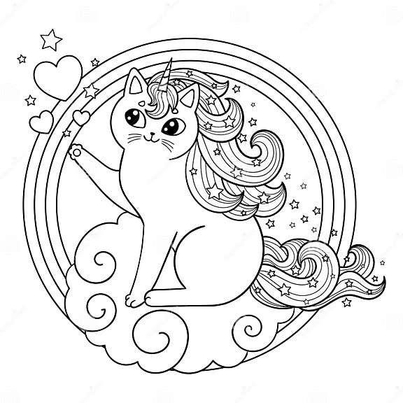 Unicorn Cat on a Cloud in a Round Frame. Cute Kitten with Mane and Horn ...