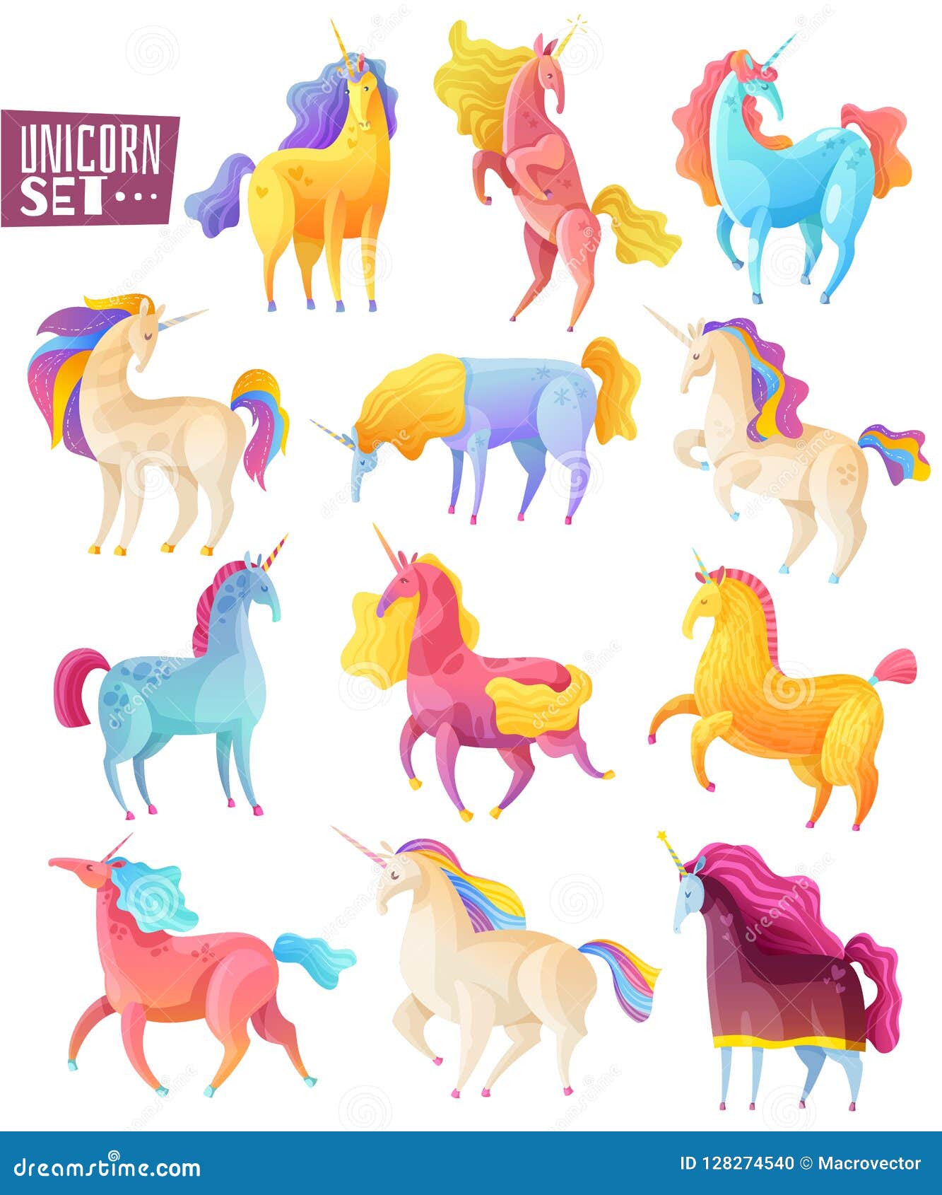 Unicorn Colored Set. Collection of magic unicorns in different poses painted in various colors in cartoon style isolated vector illustration