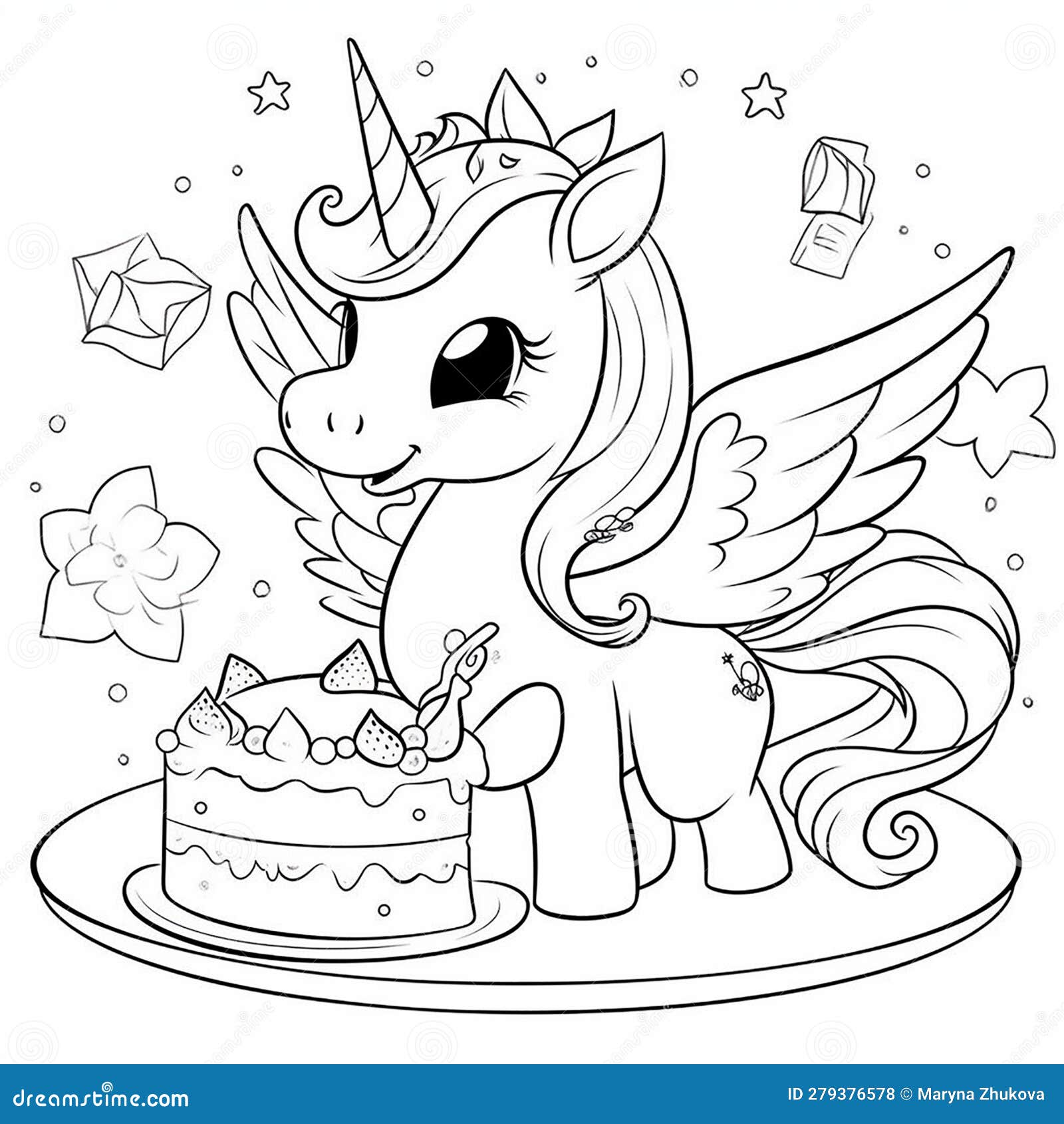 Unicorn Eating a Cake, Illustration for a Children S Coloring Book ...