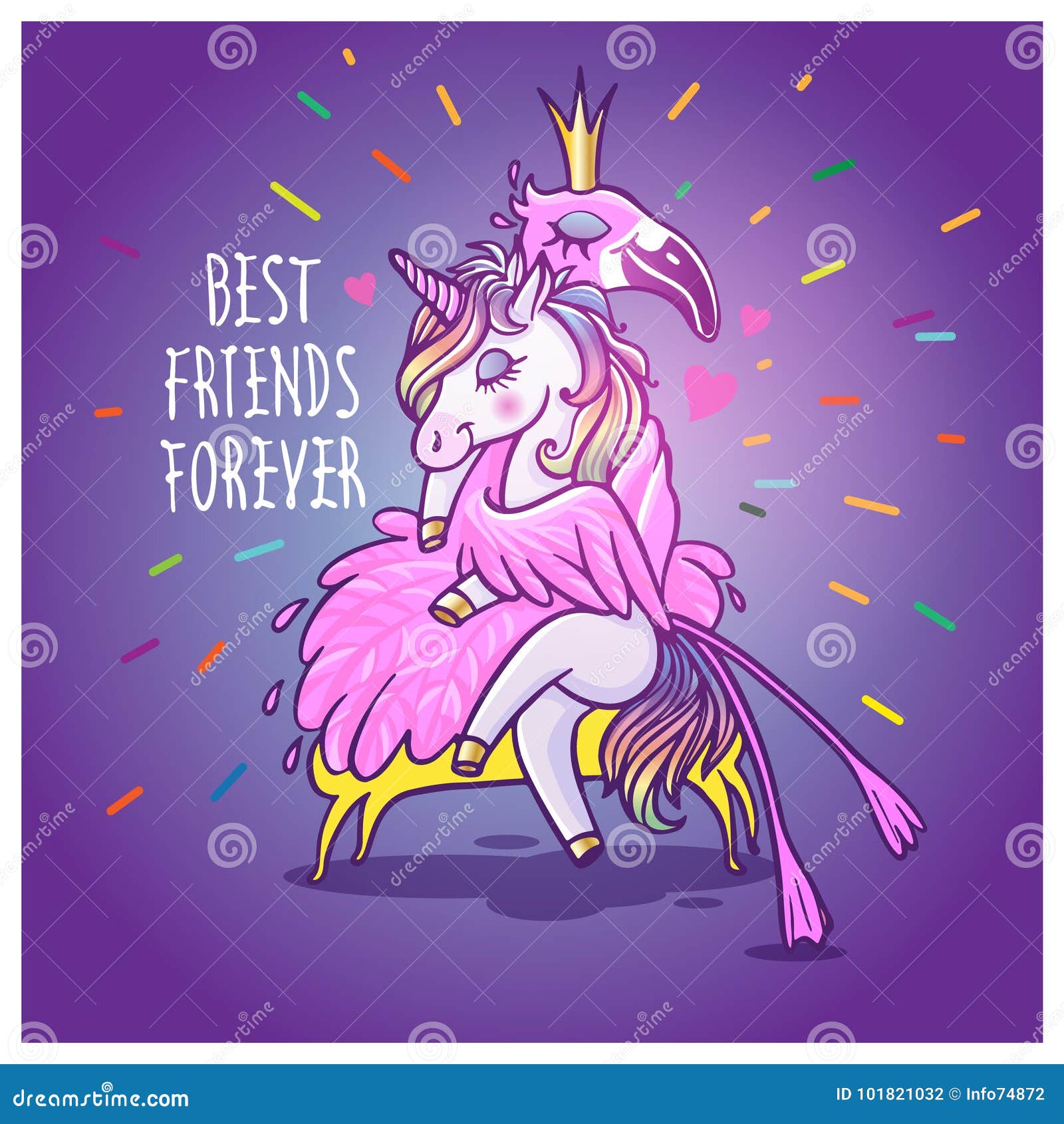 Unicorn with flamingo. Best friends forever. Vector greeting car