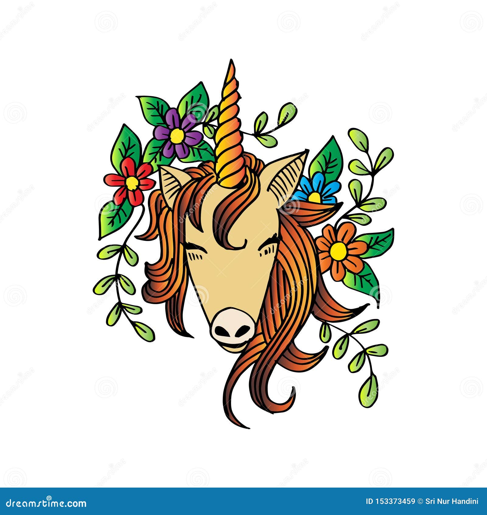 Unicorn with flowers. stock vector. Illustration of element 153373459