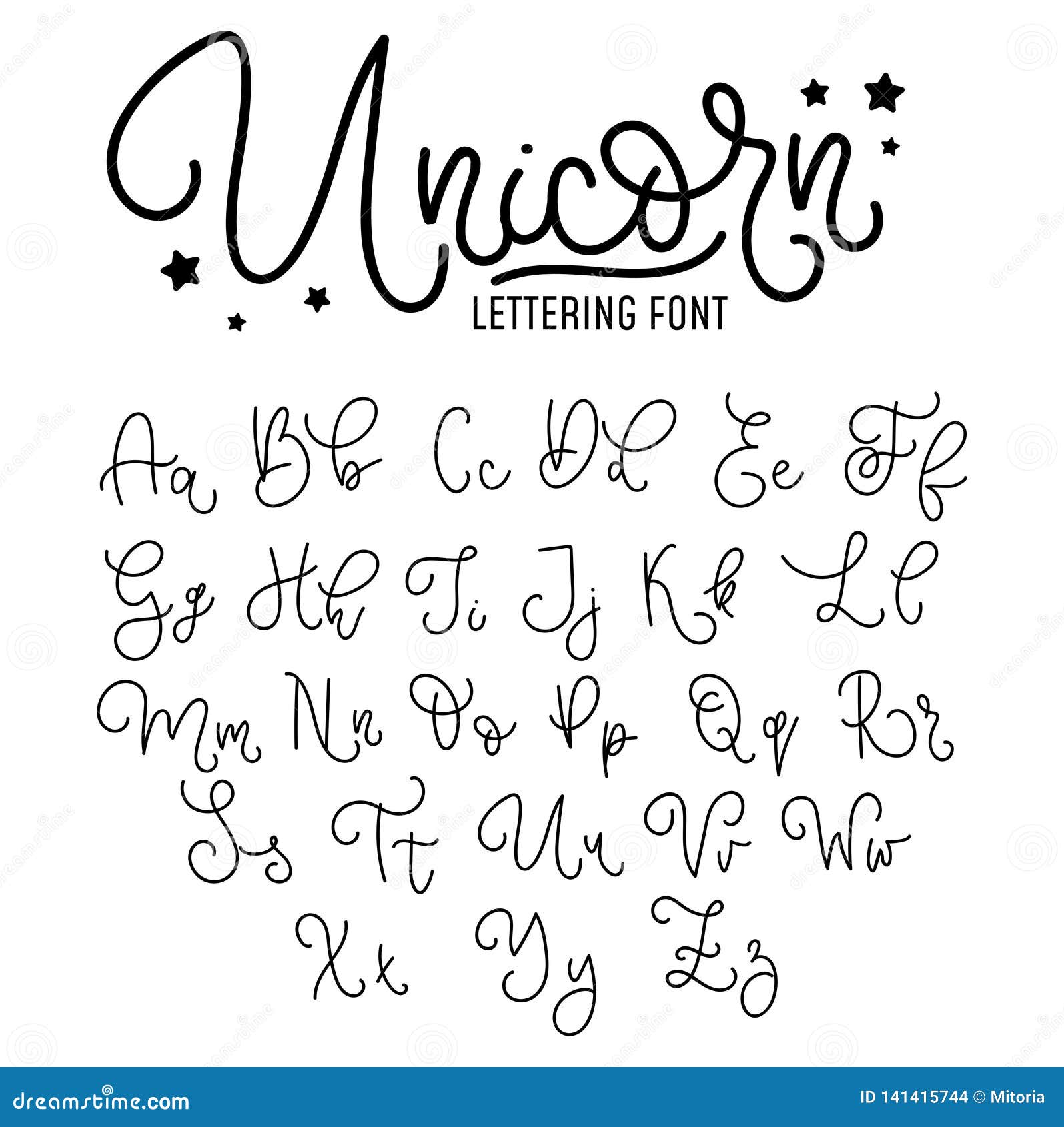 unicorn hand drawn font . cute alphabet with flourish details.  unicorn alphabet