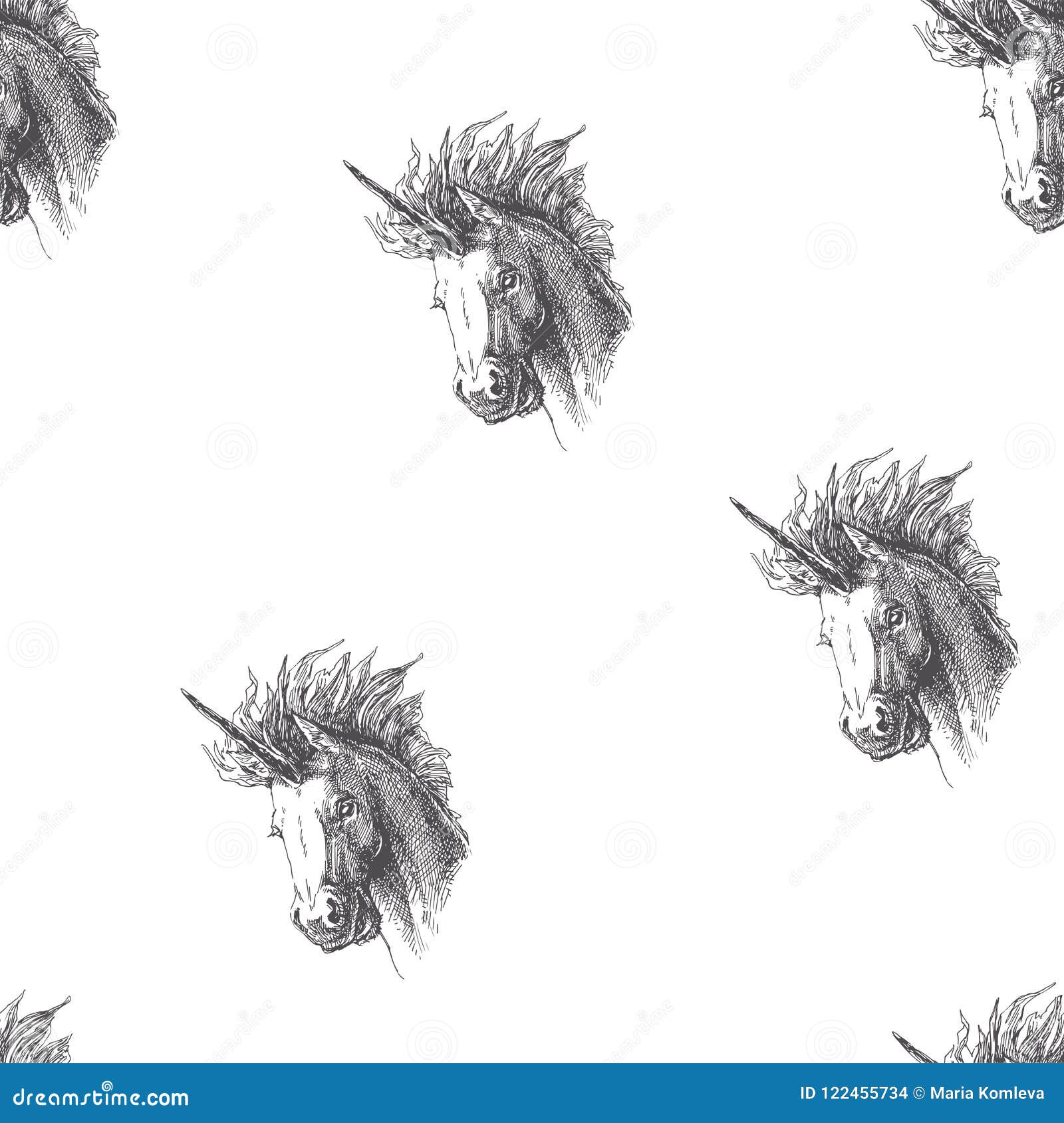 Unicorn Head In Engraving Style Vector Vintage Seamless Pattern Stock