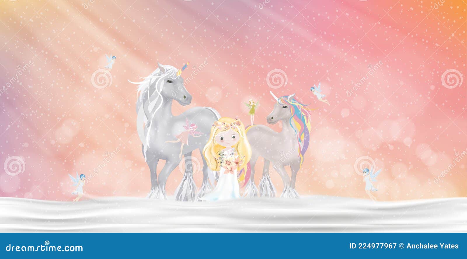 Unicorn with Little Fairies Flying and Cute Princess Walking on Snow at Magic  Wonderland,Cartoon Fantasy Winter Landscape for Stock Vector - Illustration  of kawaii, happy: 224977967