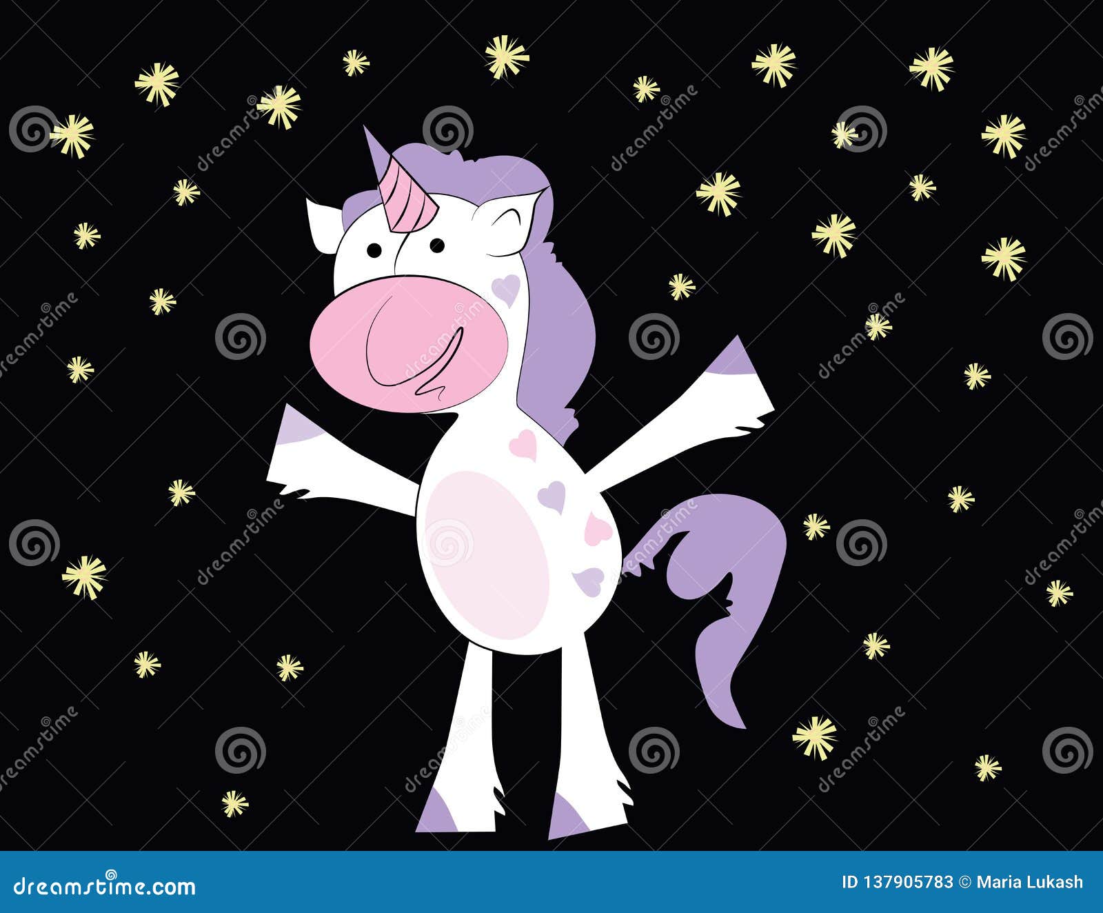 Cute Little Unicorn Vector in Hearts with Purple Hair. Unicorn Cartoon. Stock Vector