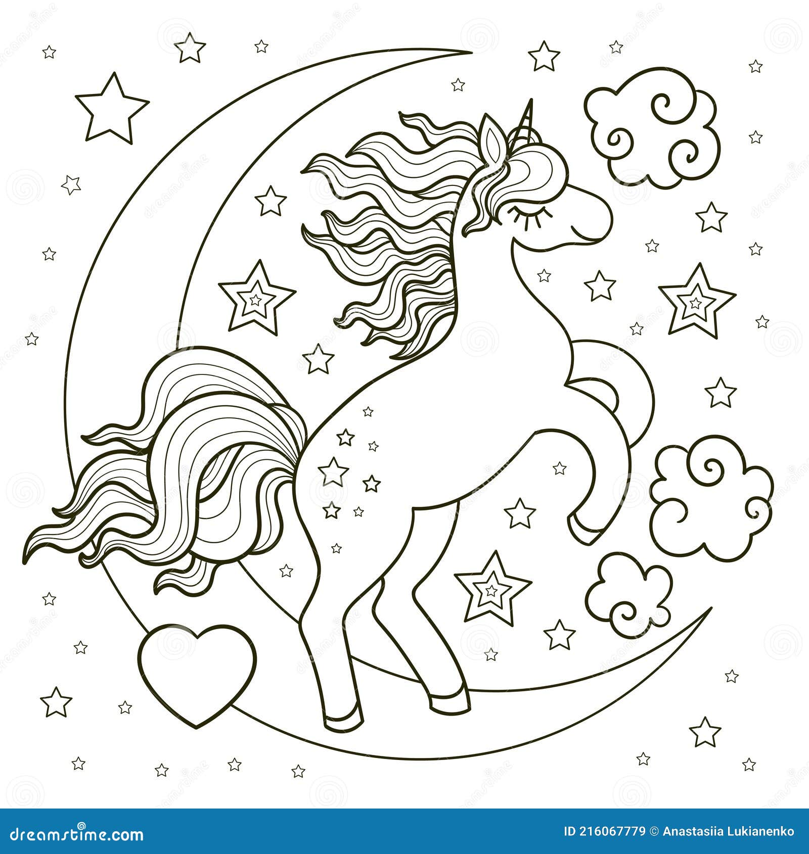 Unicorn On The Moon Among The Stars. Linear Drawing For Coloring ...
