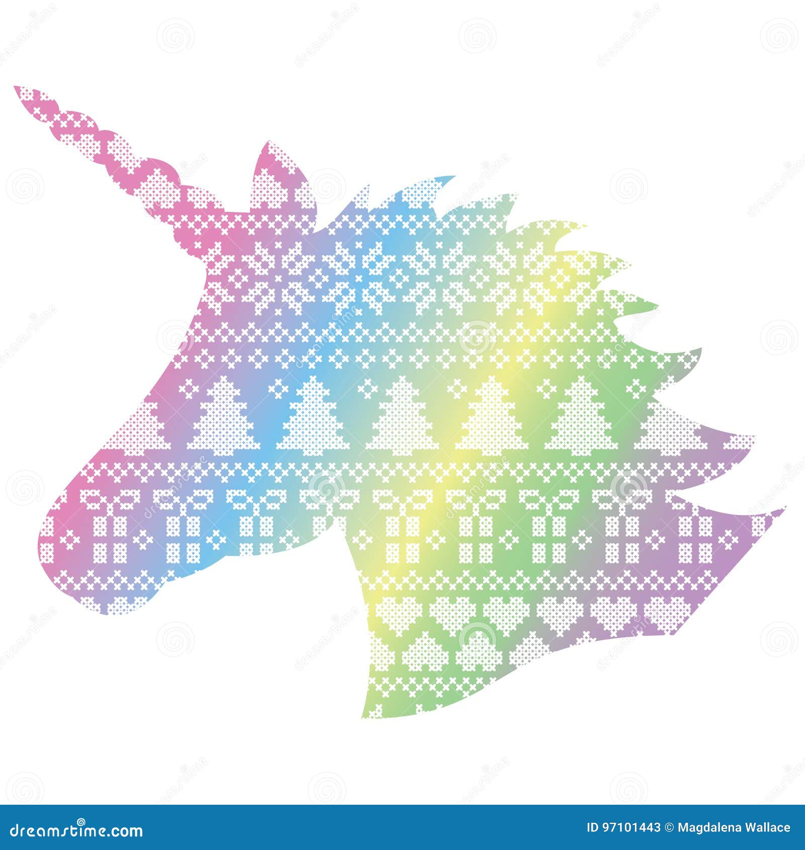 unicorn in nordic style winter stitching christmas seamless pattern including snowflakes, hearts, present, snow