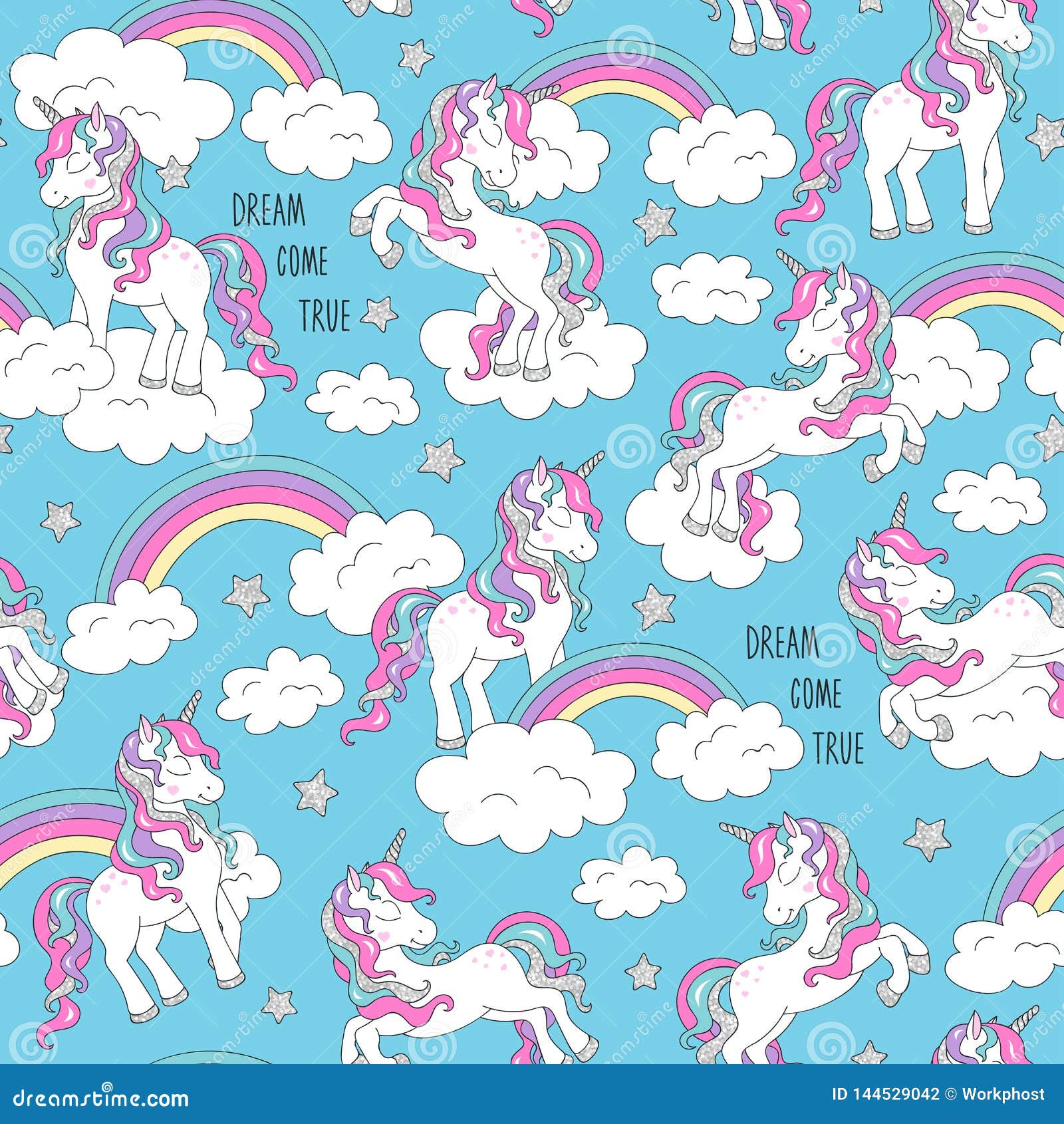 Unicorn Pattern and Rainbow. Trendy Seamless Vector Pattern on a Blue ...