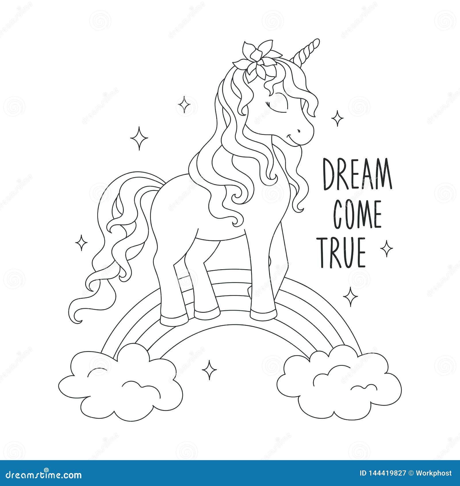 Unicorn On A Rainbow. Coloring Pages. Dream Come True Text. Design For Kids. Fashion ...