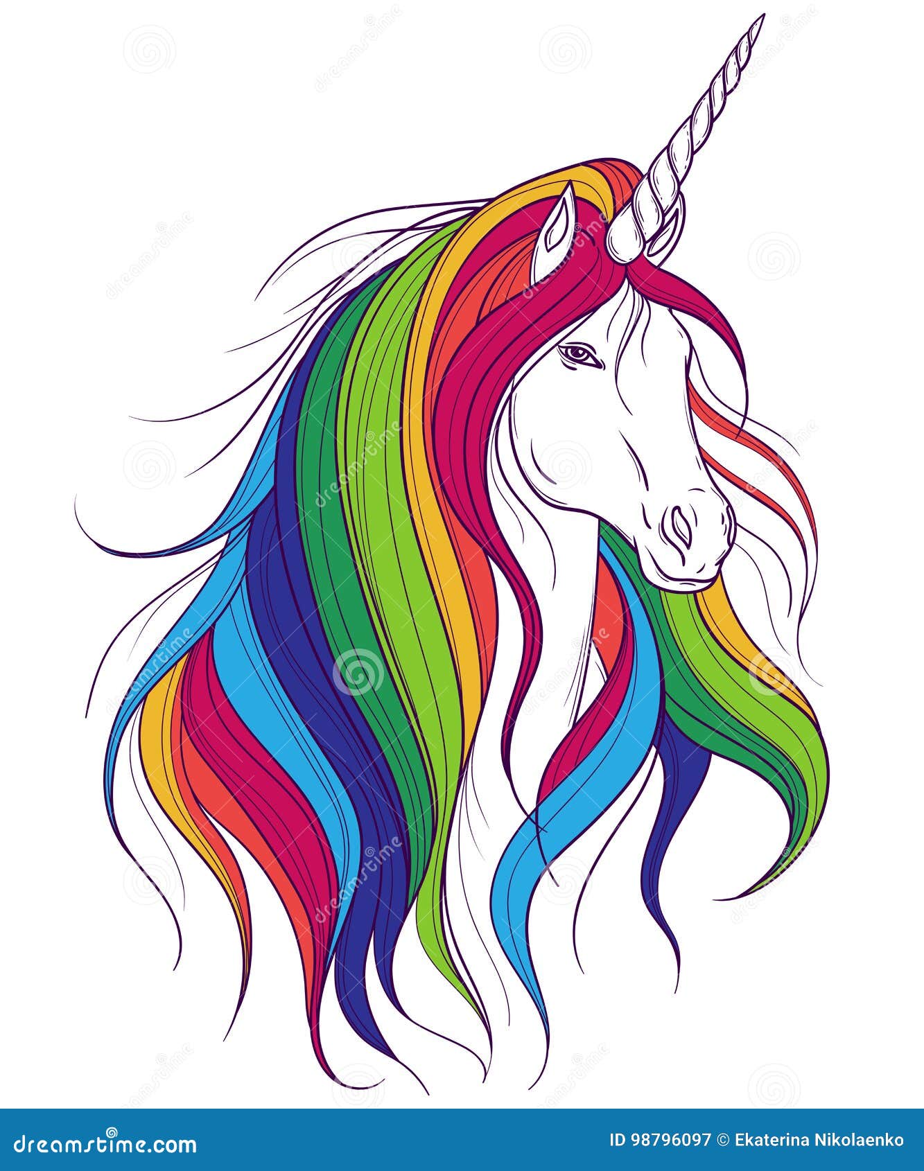 unicorn with rainbow mane on white background.