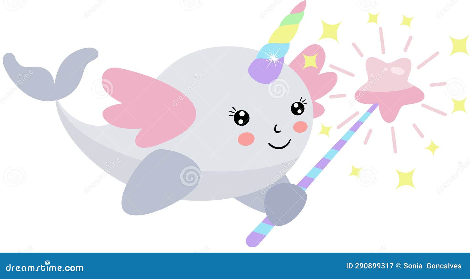 Scalable vectorial representing a unicorn whale with wings holding a star magic wand, element for design, illustration isolated on white background.