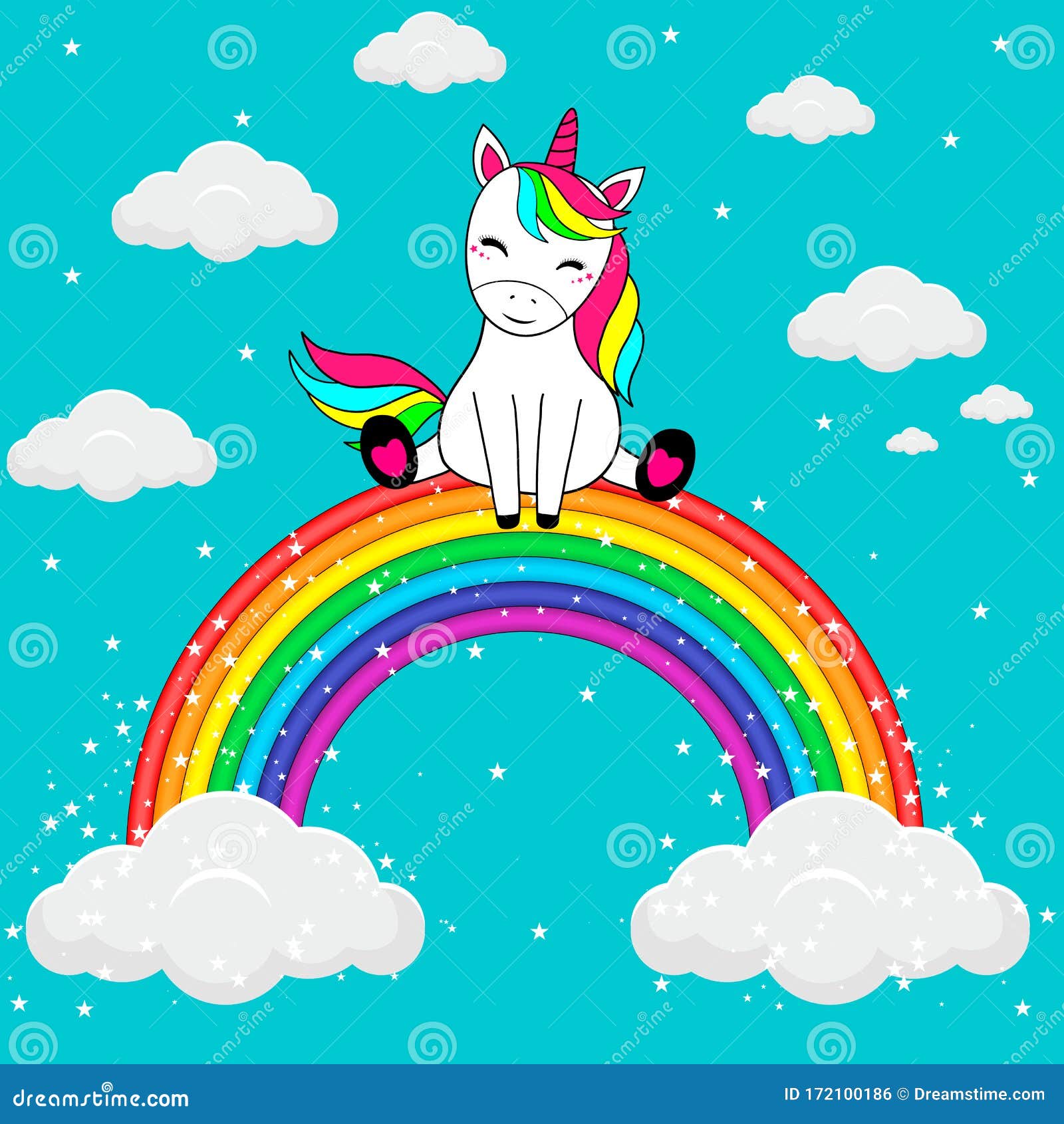 Unicornio De Ponis Lindo Sentado En El Arcoiris Ilustración Vectorial De  Dibujos Animados Ilustración del Vector - Ilustración de fondo, colorido:  172100186