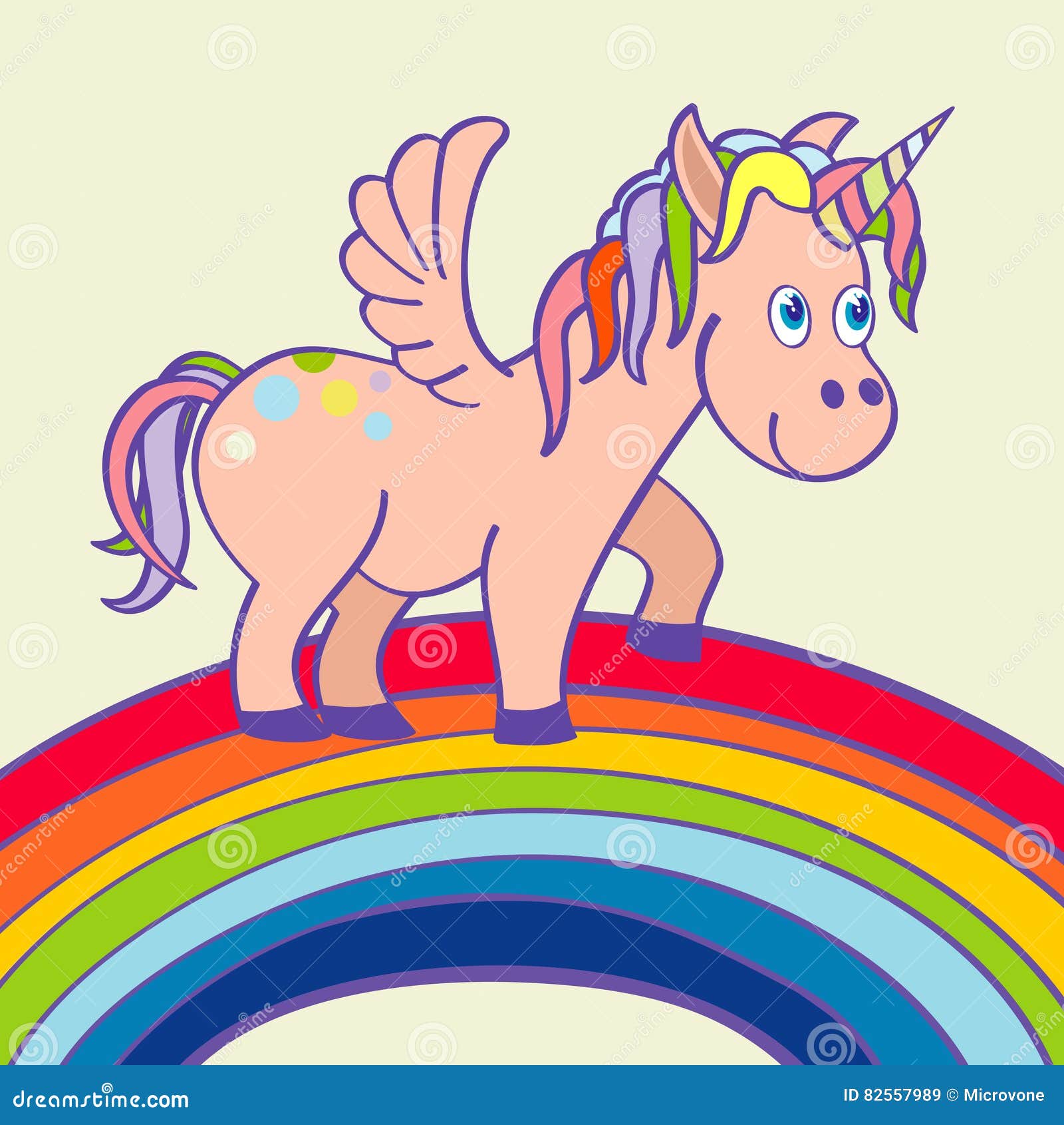 Unicorno disegnato a mano di vettore che sta su un arcobaleno