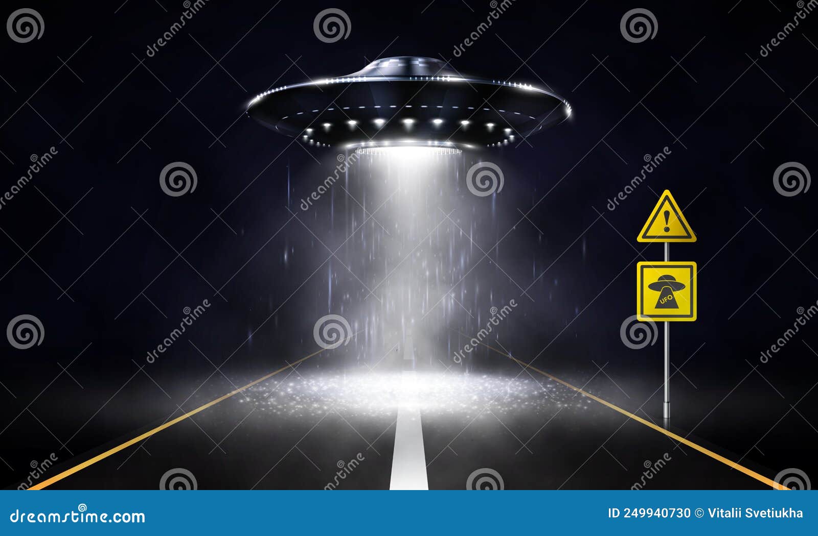 unidentified flying object over the road. realistic alien spaceship.  