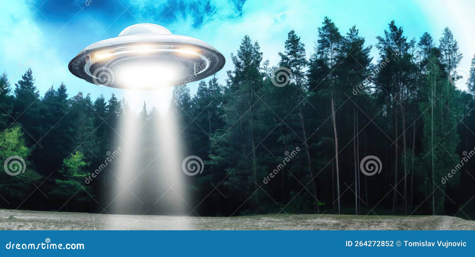 unidentified flying object ufo using teleporting beam in middle of forest