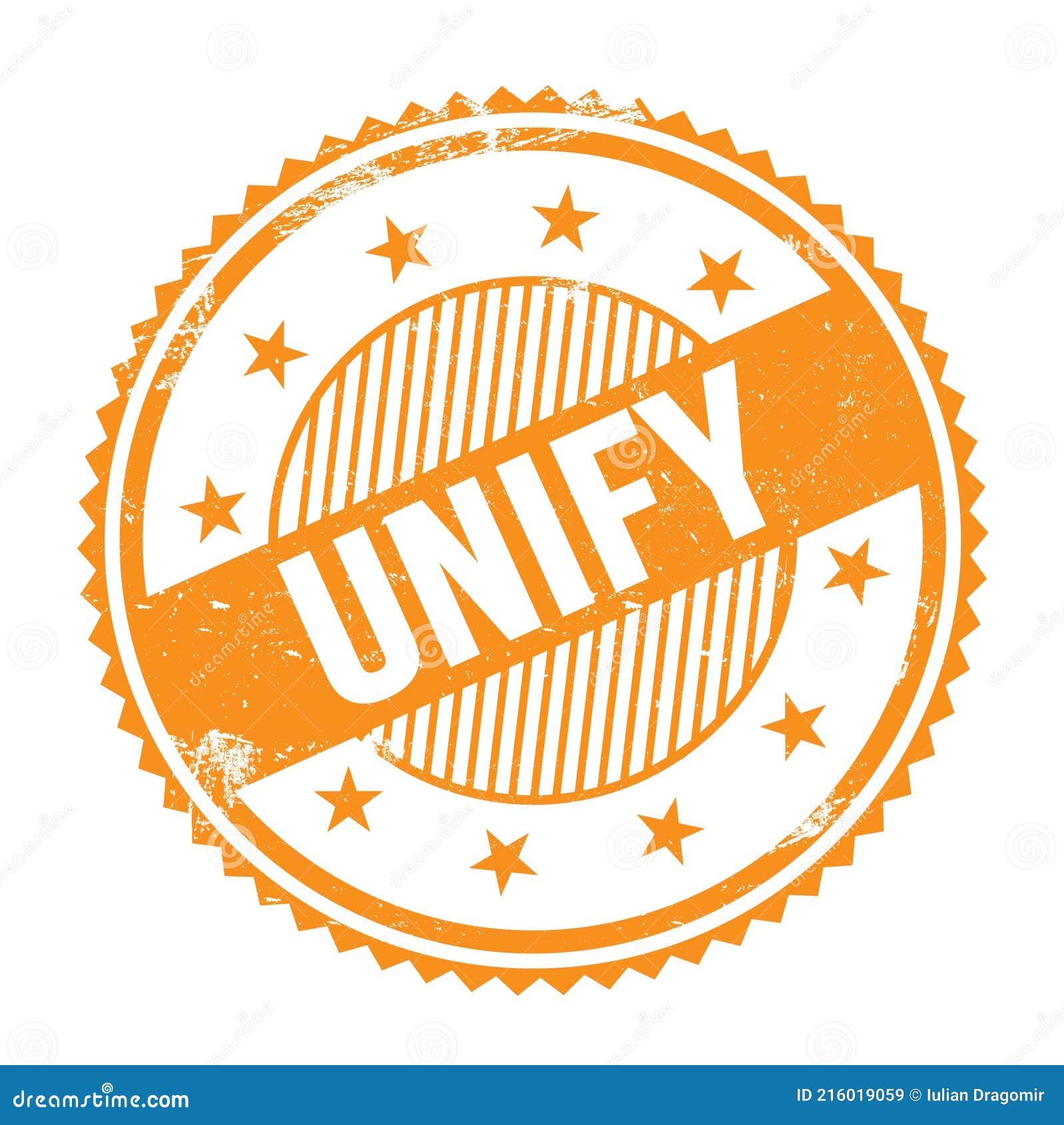 unify text written on orange grungy round stamp