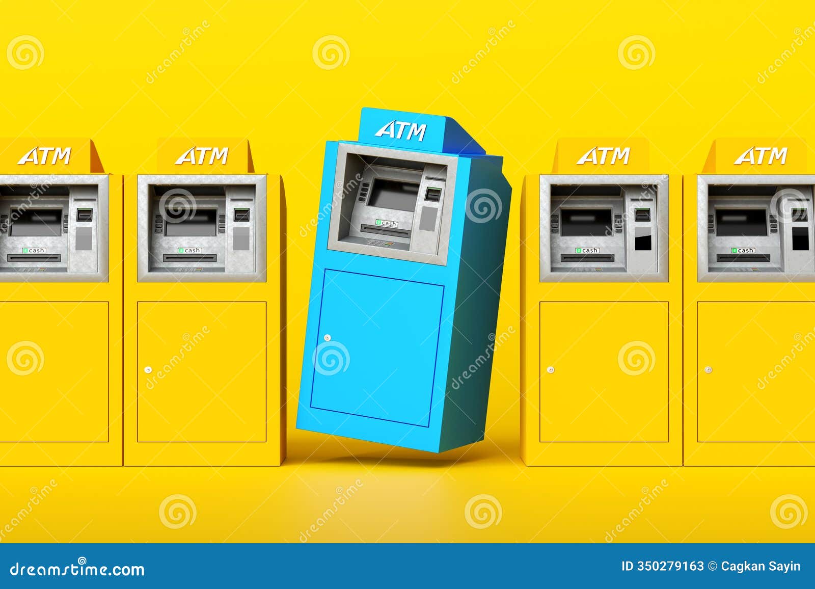 unique blue atm floating among yellow atms on yellow background