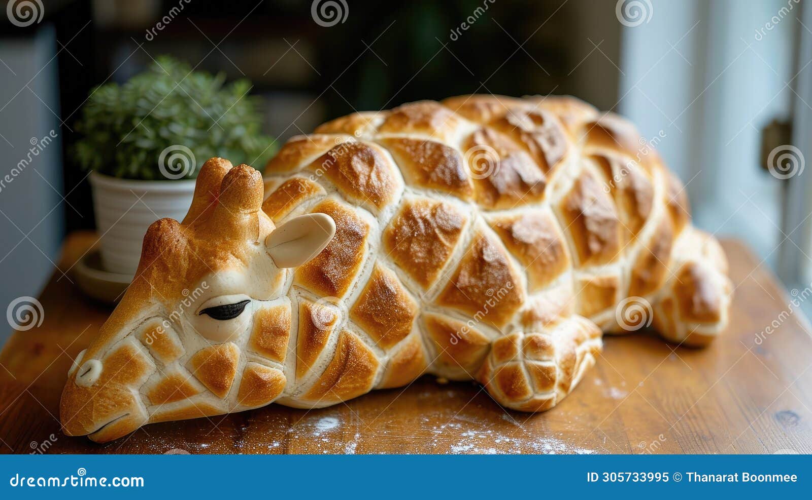 unique bread loaf resembling an giraffe resting on a wooden table, ai generated