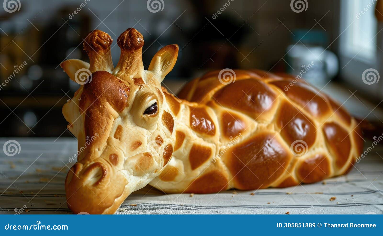 unique bread loaf resembling an giraffe resting on a wooden table, ai generated
