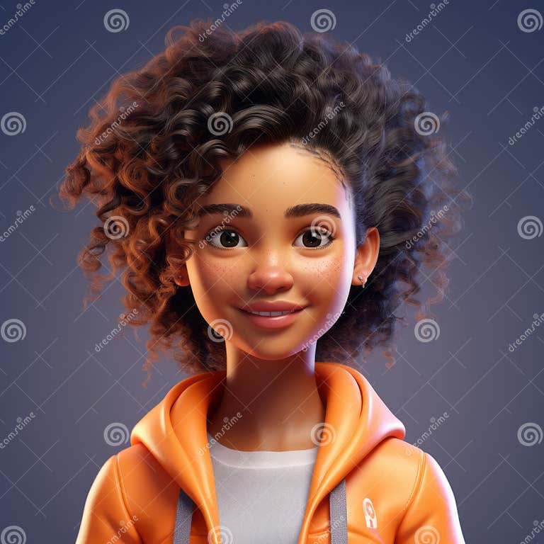 Unique 3d Cartoon Afro American Girl in Orange Jacket Stock