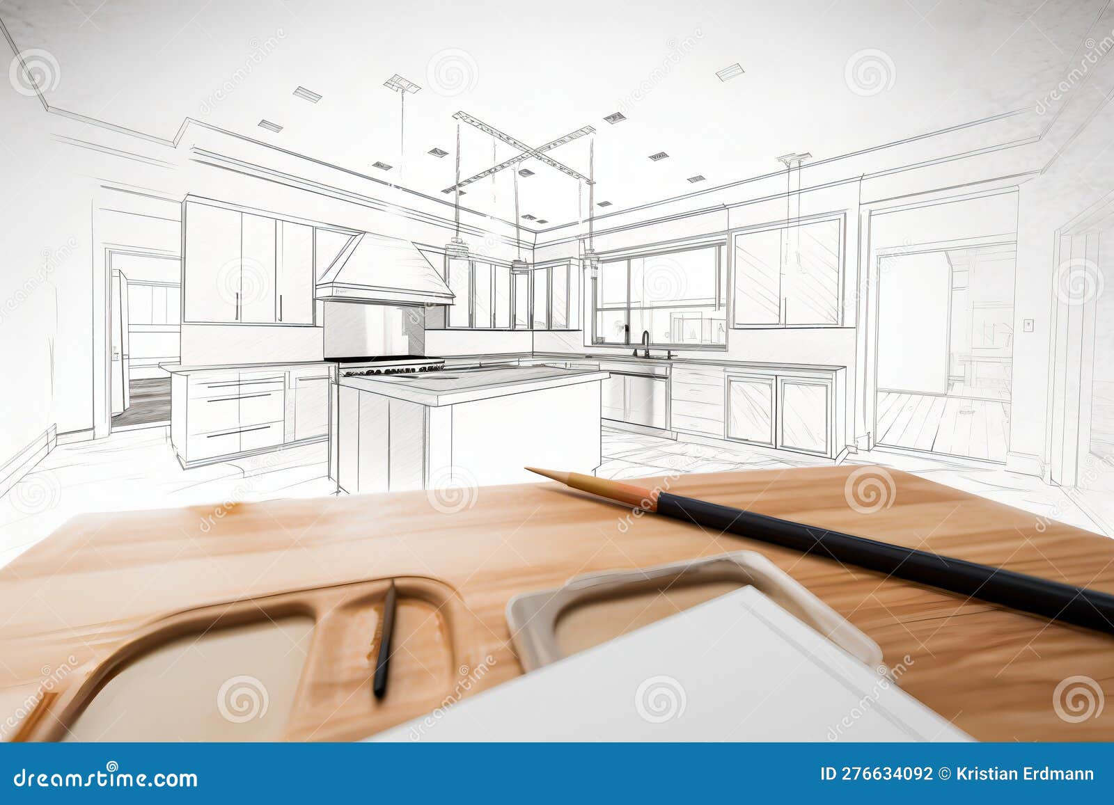 from concept to reality: custom kitchen  drawing combined with a photograph of the completed kitchen