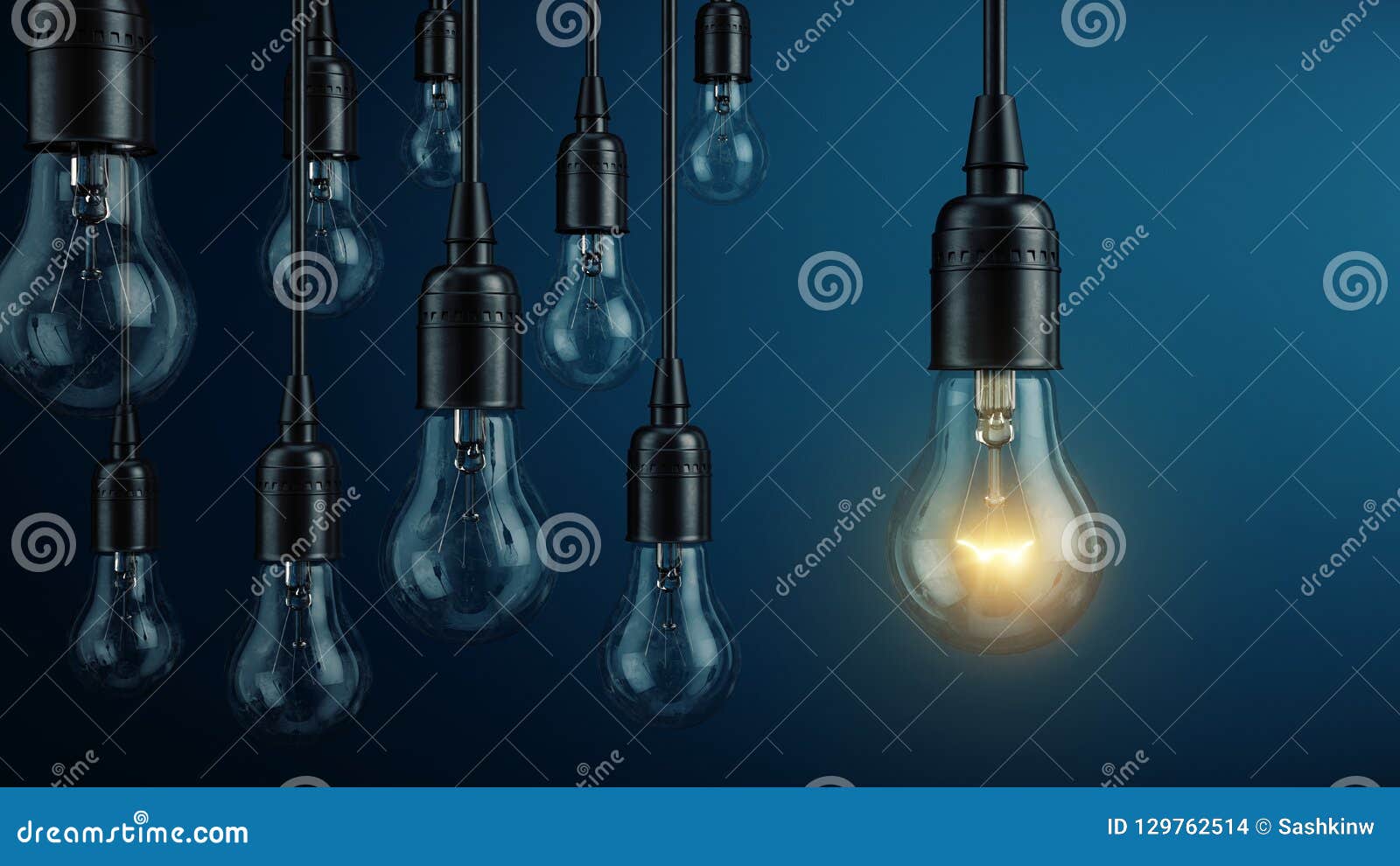 unique, leadership, new idea concept - one light bulb lamp glowing different and standing out from other light bulbs lamps