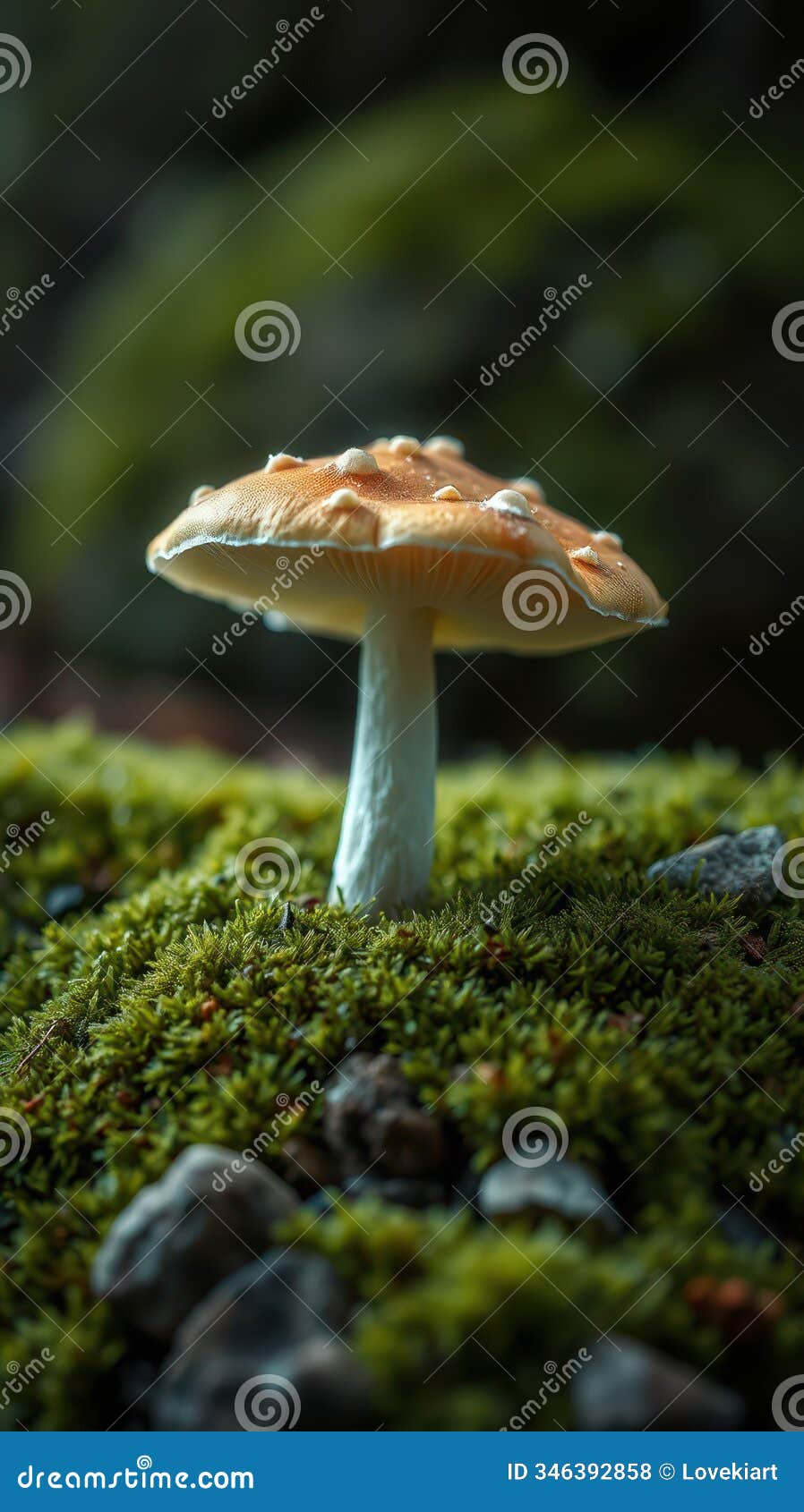 unique mushroom growing on mossy ground in a serene forest setting during early morning light