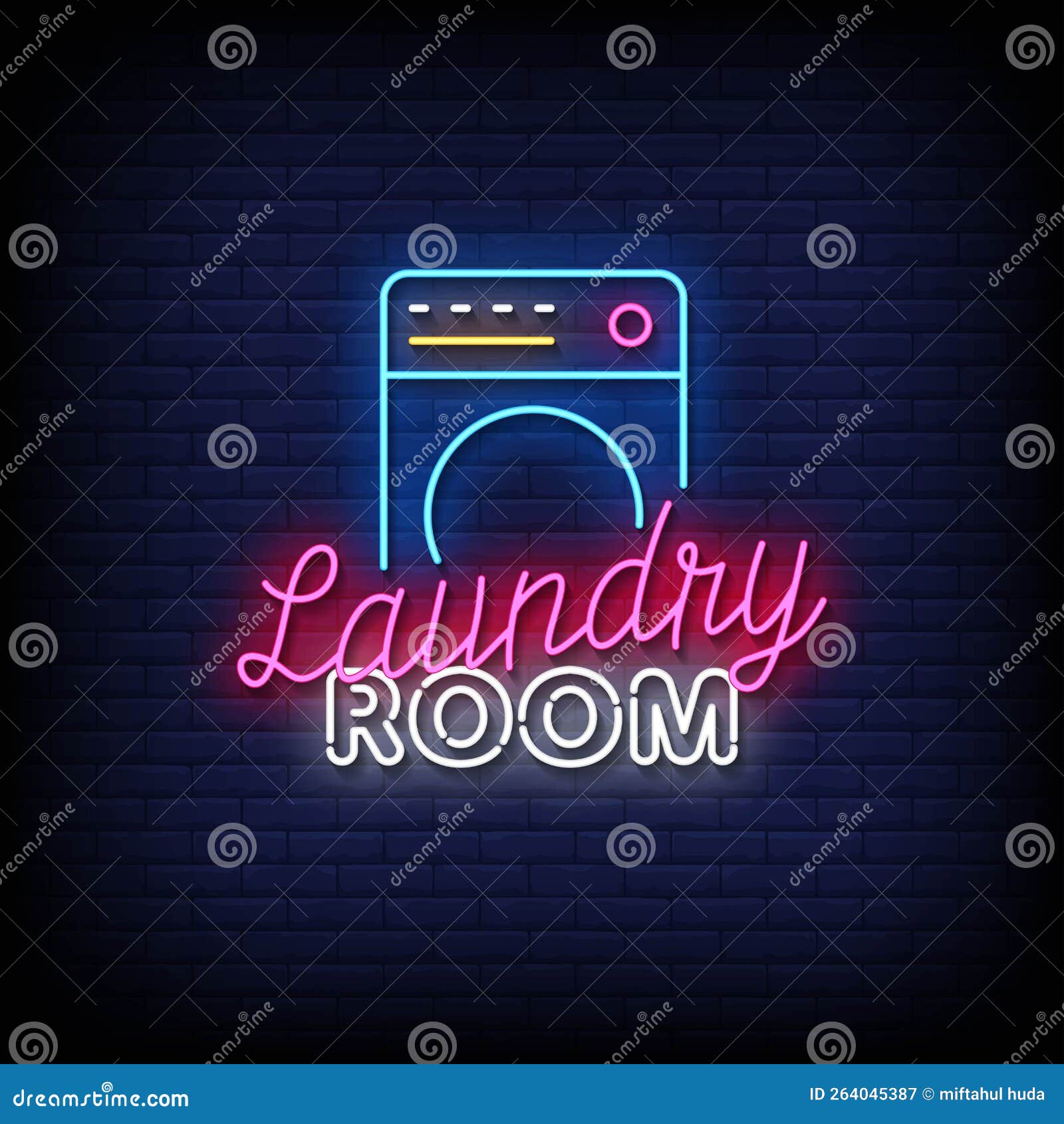 Neon Sign Laundry Room with Brick Wall Background Vector Illustration ...