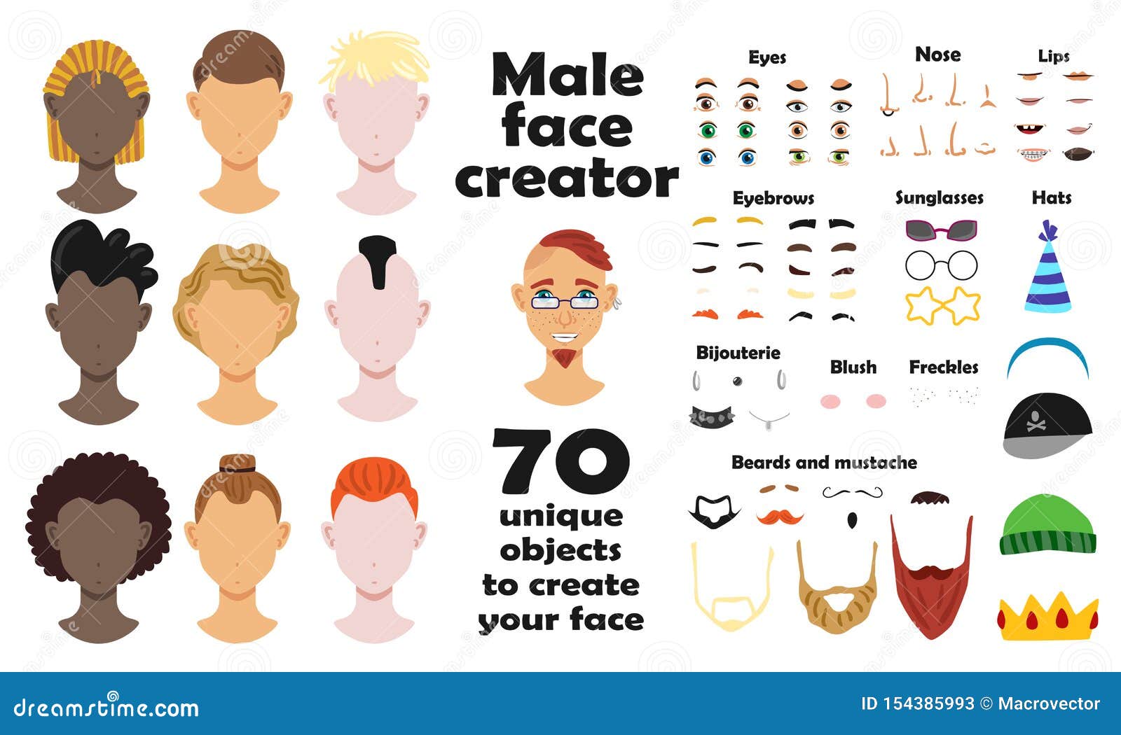 Unique Objects To Create Male Face Stock Vector - Illustration of lash ...